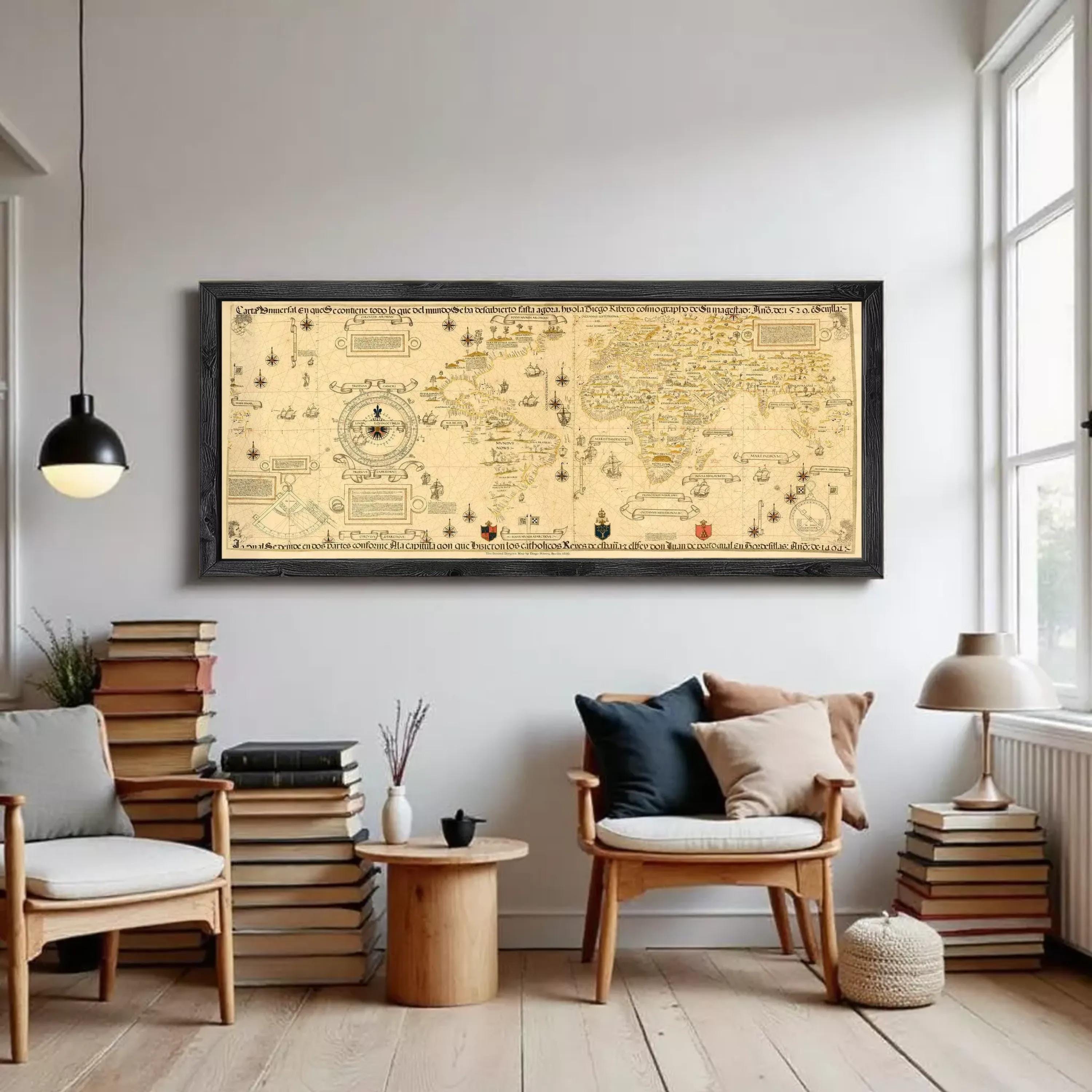The image is a framed vintage map of the world, featuring intricate details and symbols.