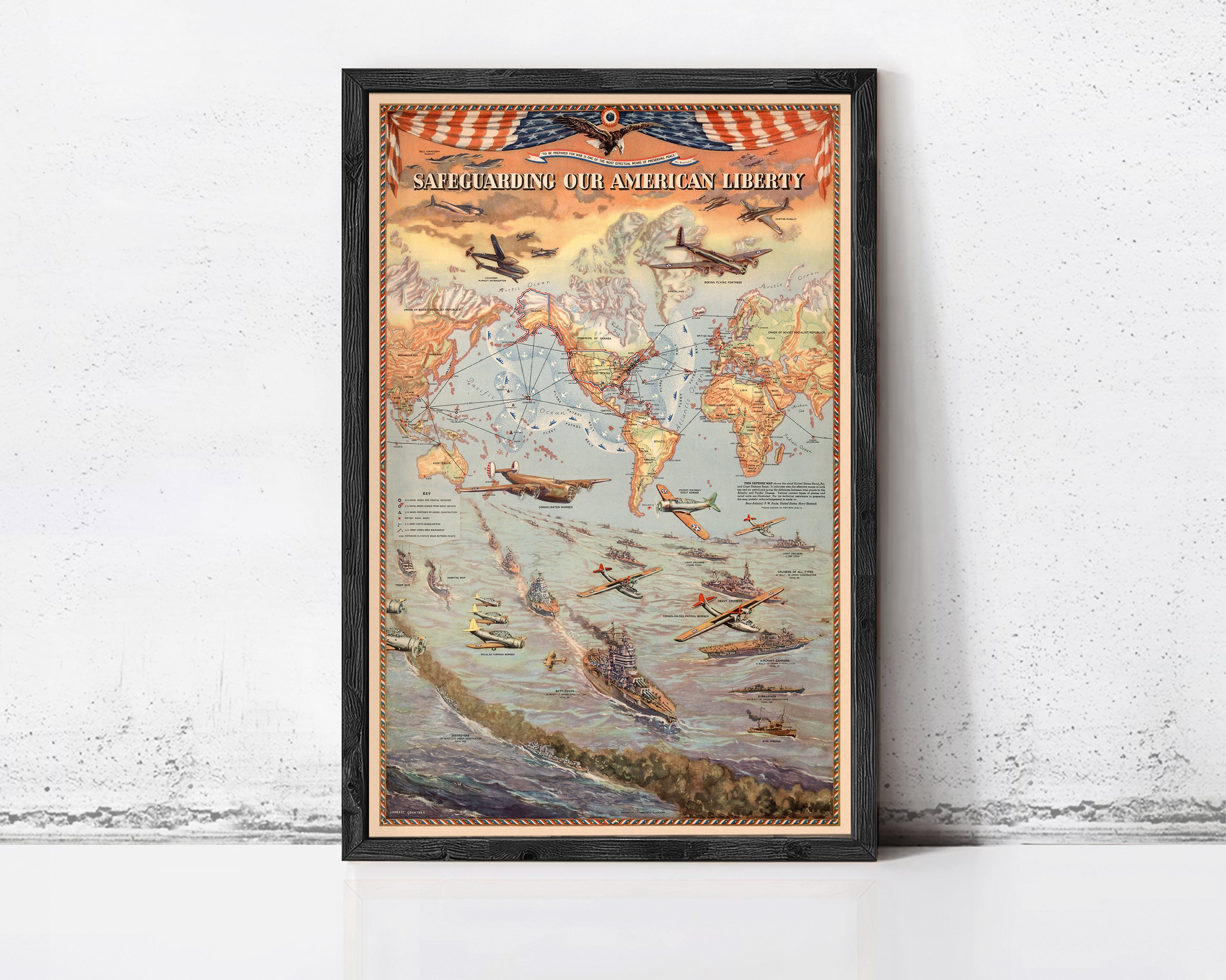 The image is a framed poster depicting various airplanes and ships, with a focus on the American military.