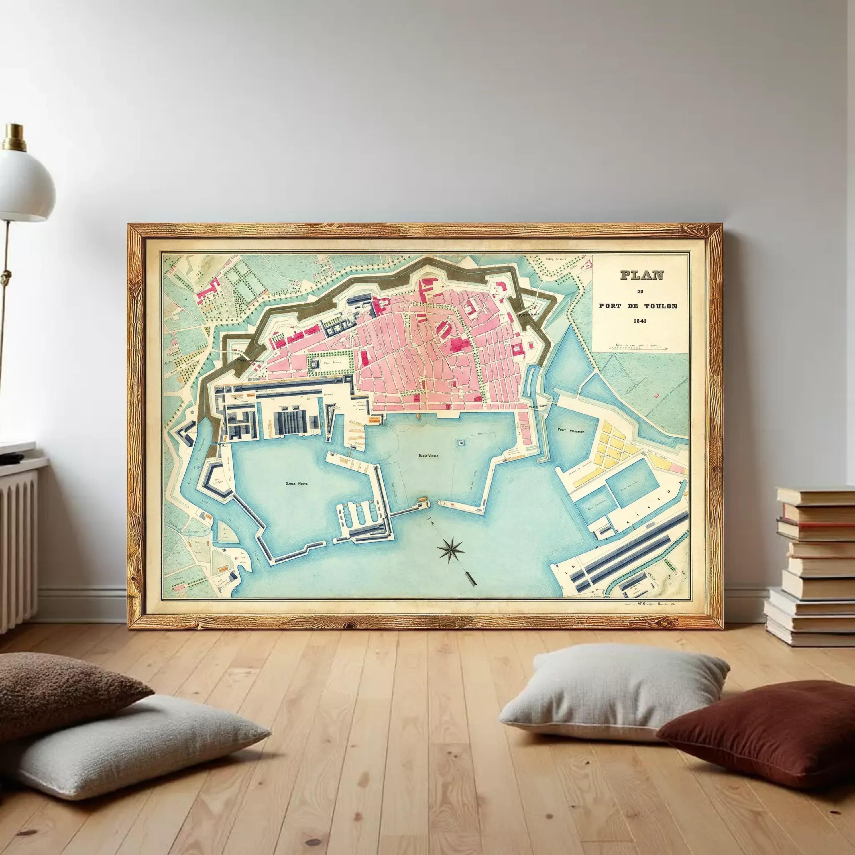 The image is a framed map of a city, likely a coastal city, with various landmarks and waterways depicted.