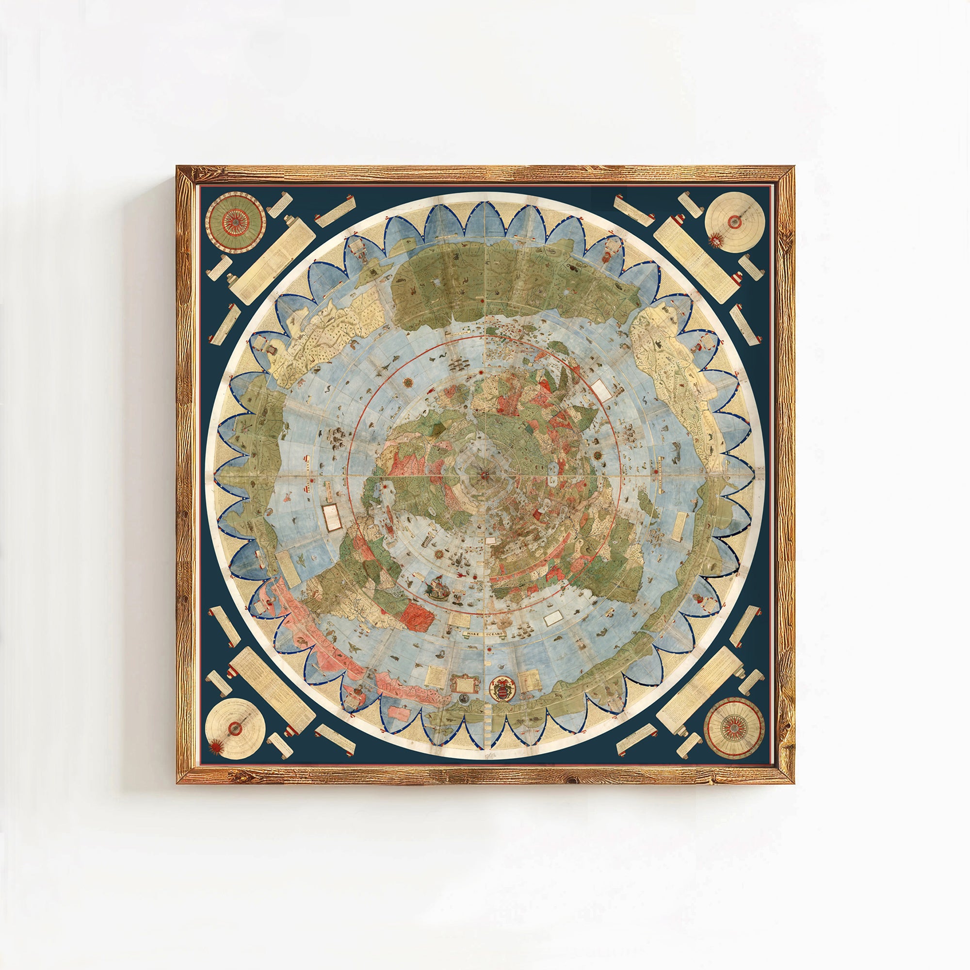 The image is a framed painting depicting a detailed map of the world, with intricate designs and patterns surrounding the central image.