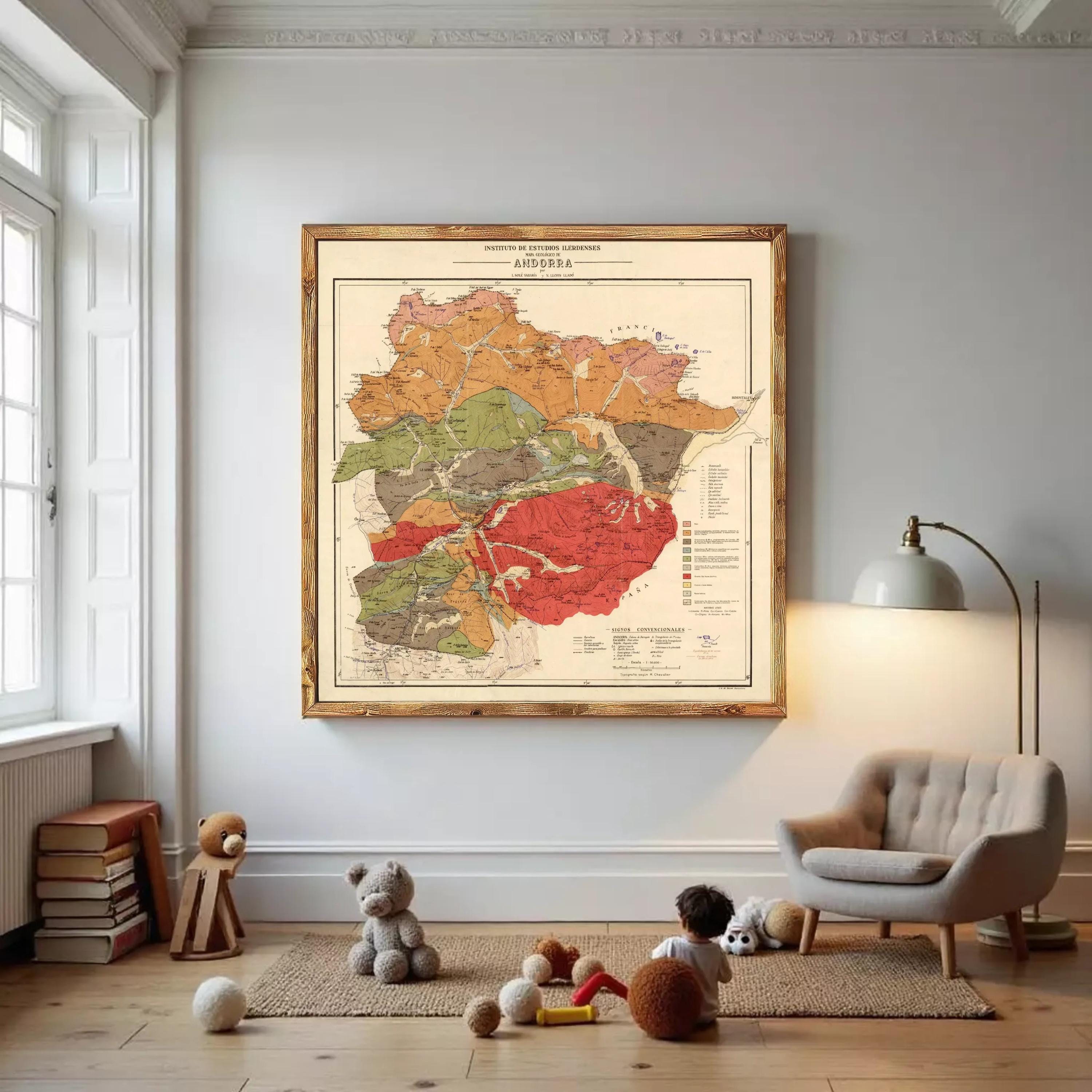 The image is a framed vintage geological map of the Czech Republic, depicting various geological features and regions in different colors.