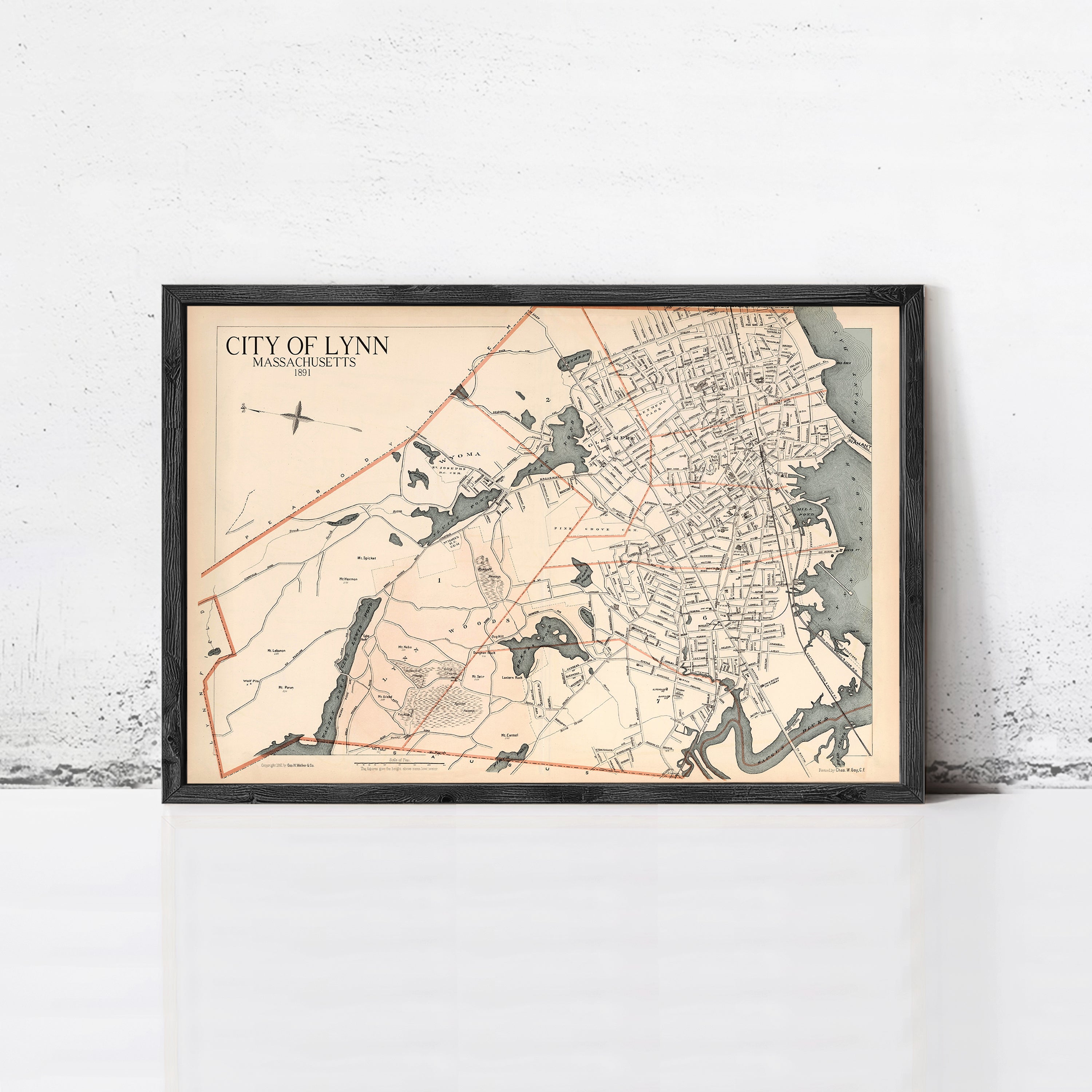 The image is a framed vintage map of the city of Lynn, Massachusetts, dated back to 1883.