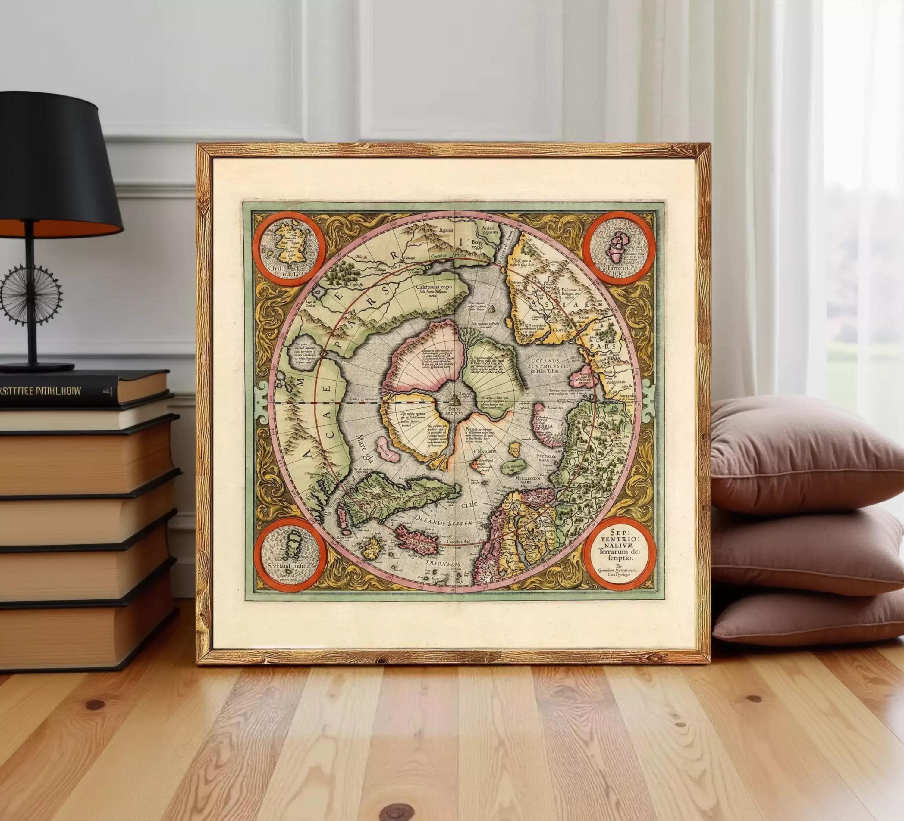 The image is a framed vintage map of the world, depicting various countries and regions in a detailed and colorful manner.