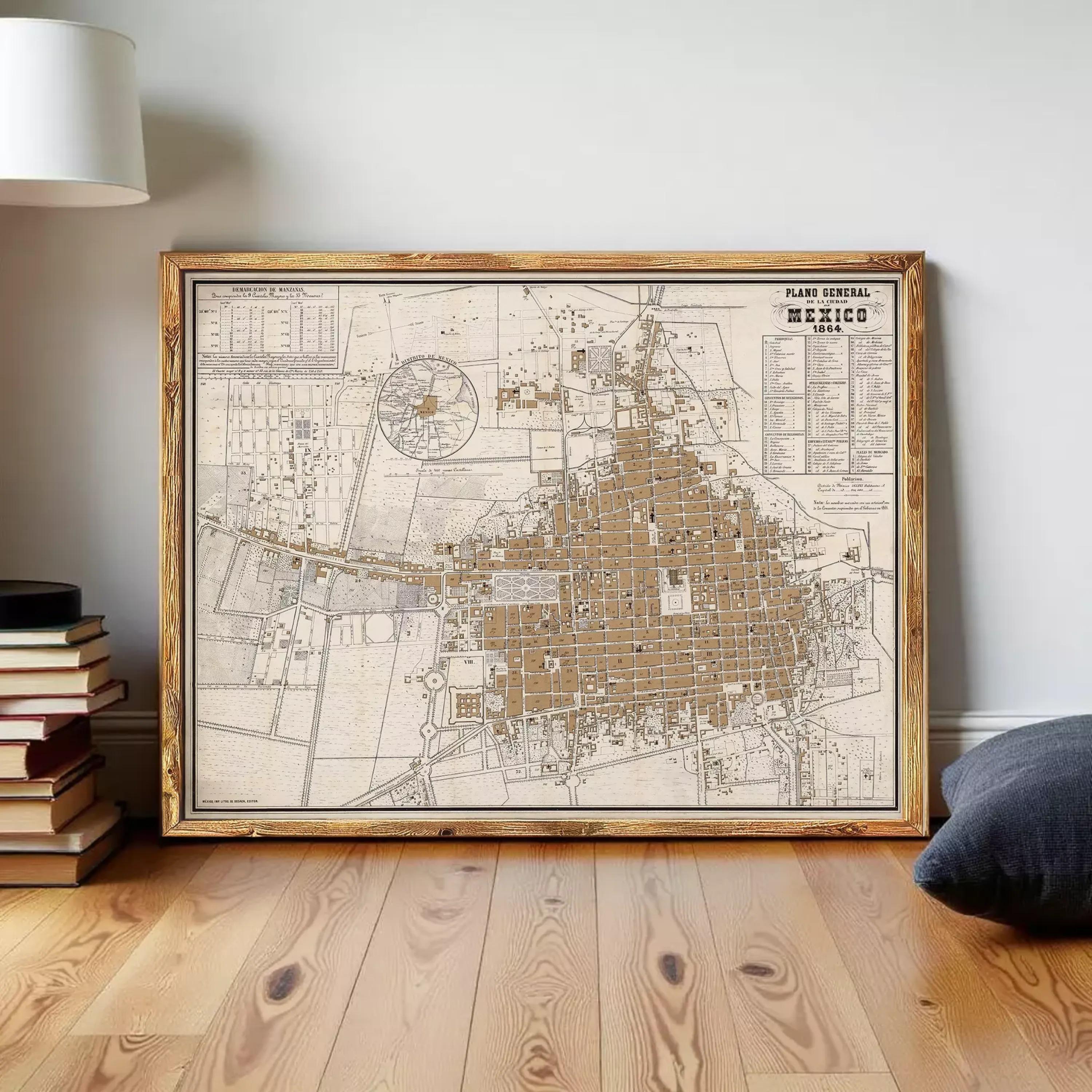 The image is a framed map of Mexico, showing the layout of the city and surrounding areas.