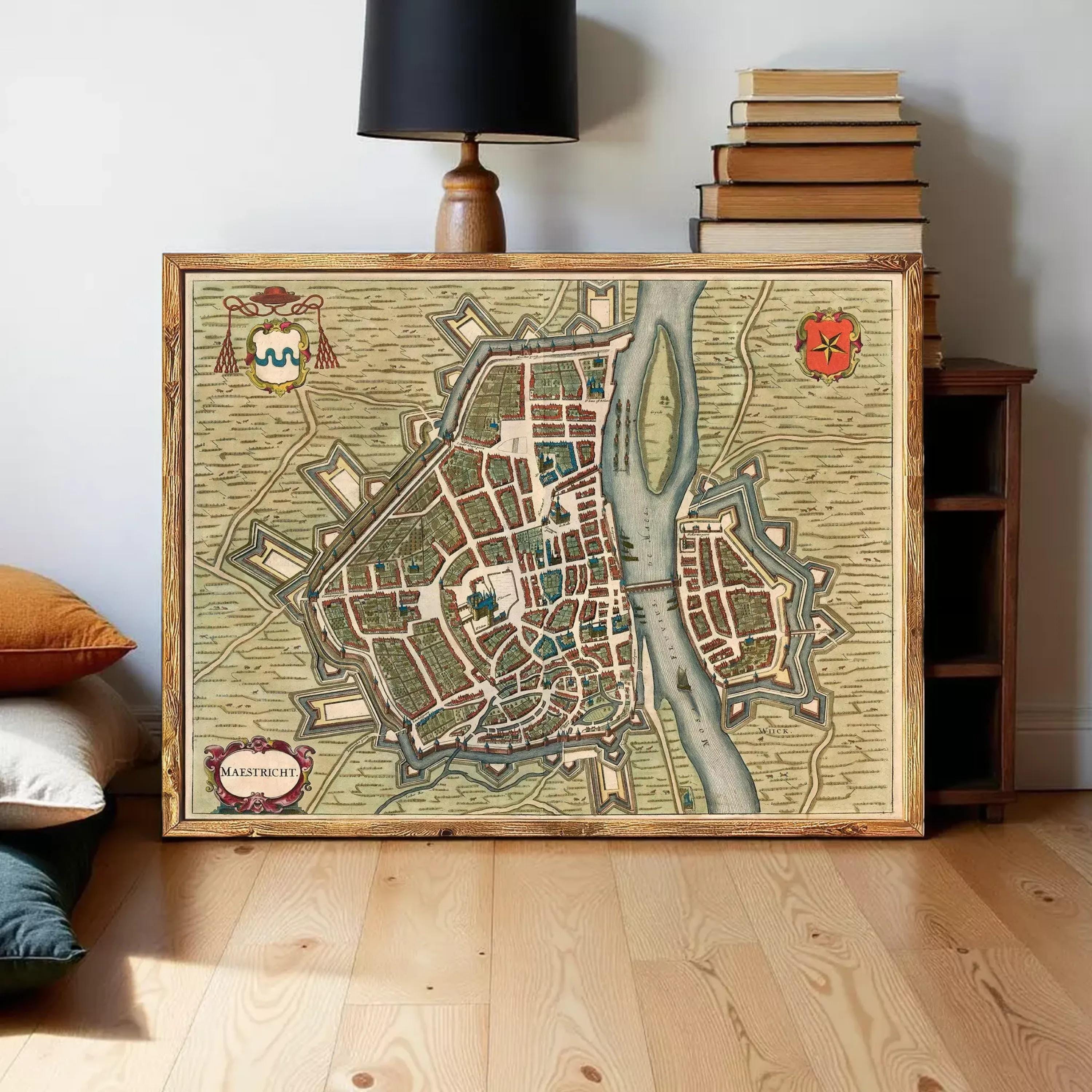 The image is a framed map of a city, likely from the 16th century, with a detailed and intricate illustration of the city's layout and surrounding areas.