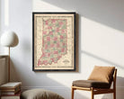 The image is a framed map of Indiana, with a vintage style and a color palette of red, green, and beige.