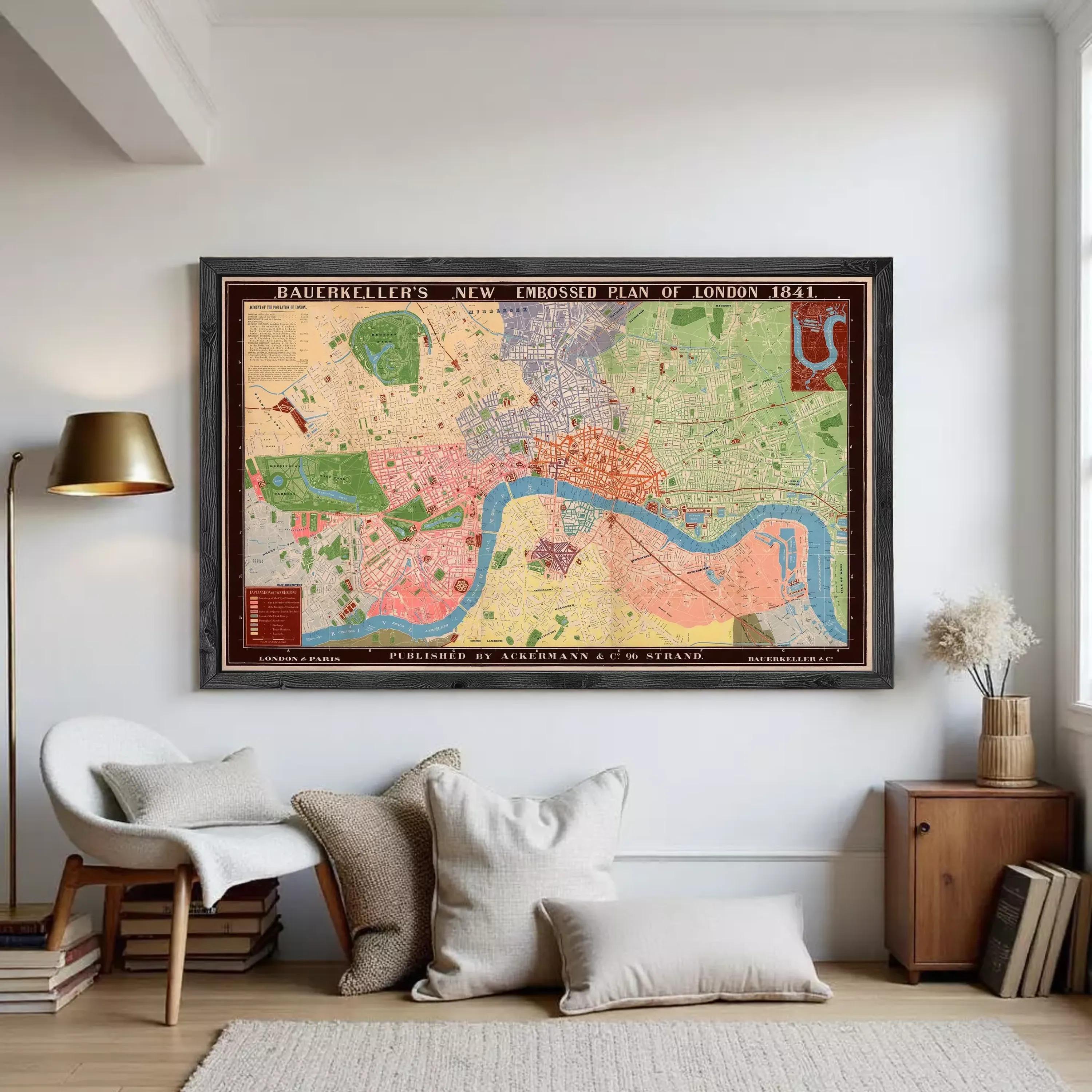 The image is a framed map of London, England, dated 1841, depicting the city's layout and surrounding areas.