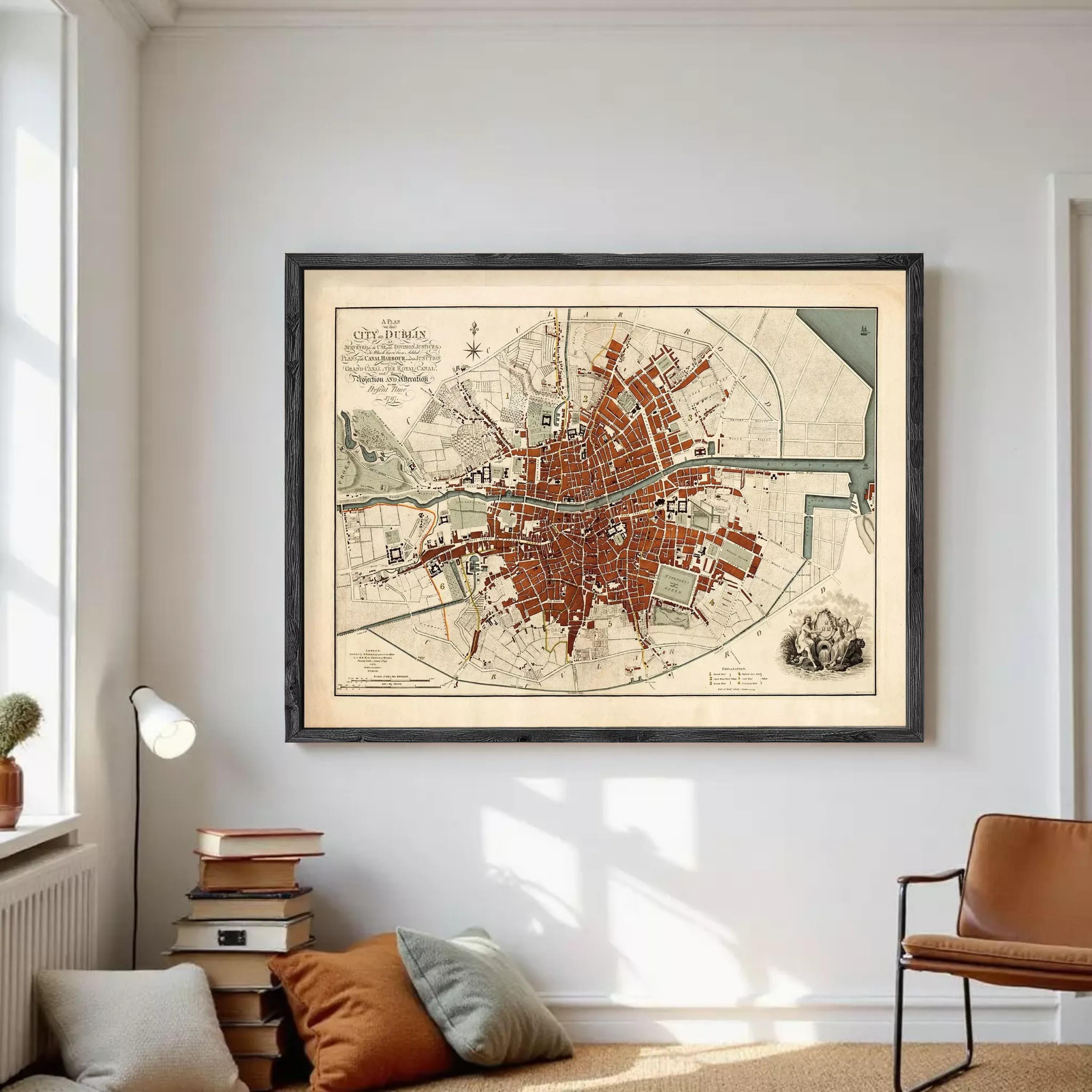 The image is a framed map of the city of Dublin, Ireland, depicting the layout and surrounding areas.
