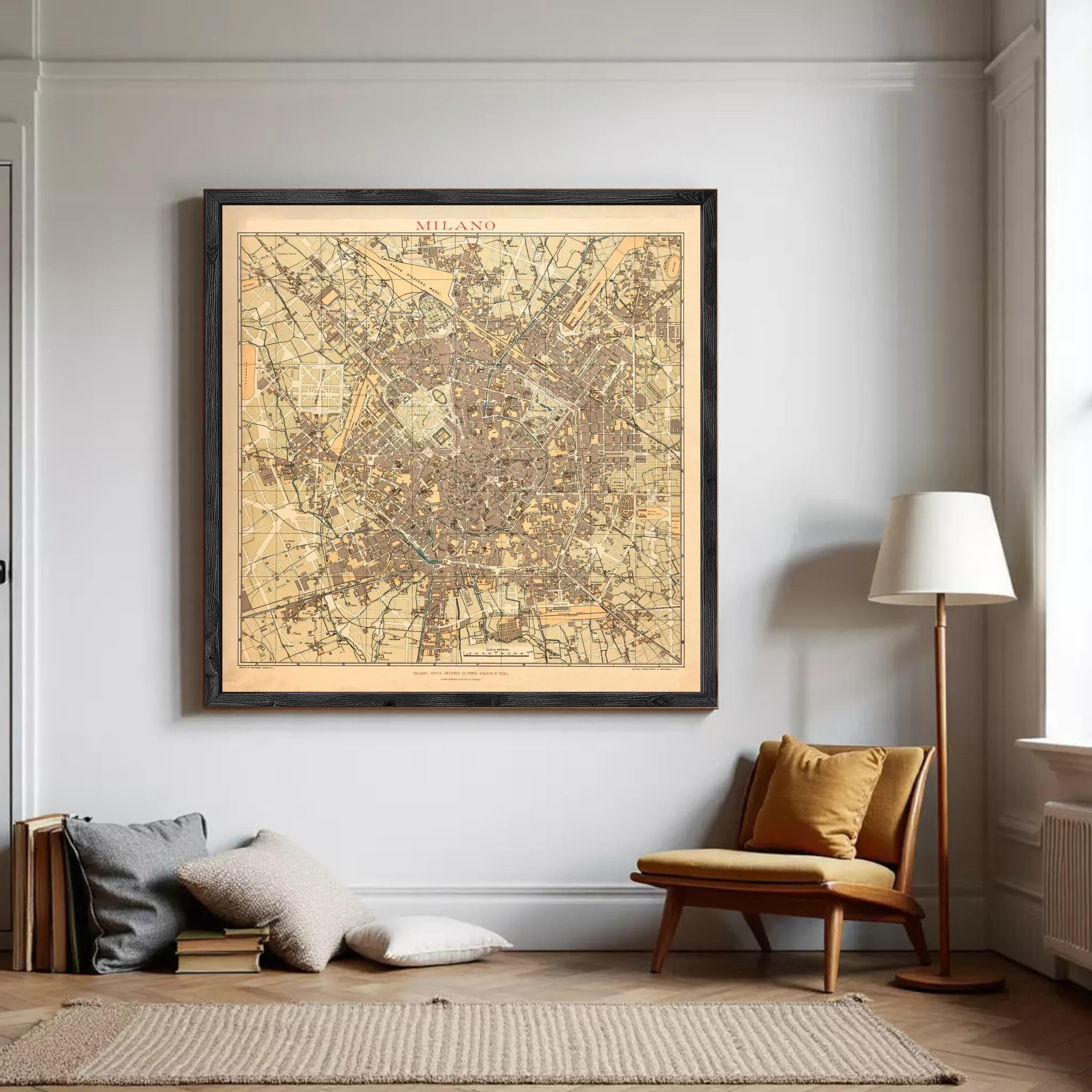 The image is a framed vintage map of Milan, Italy, depicting the city's layout and streets.