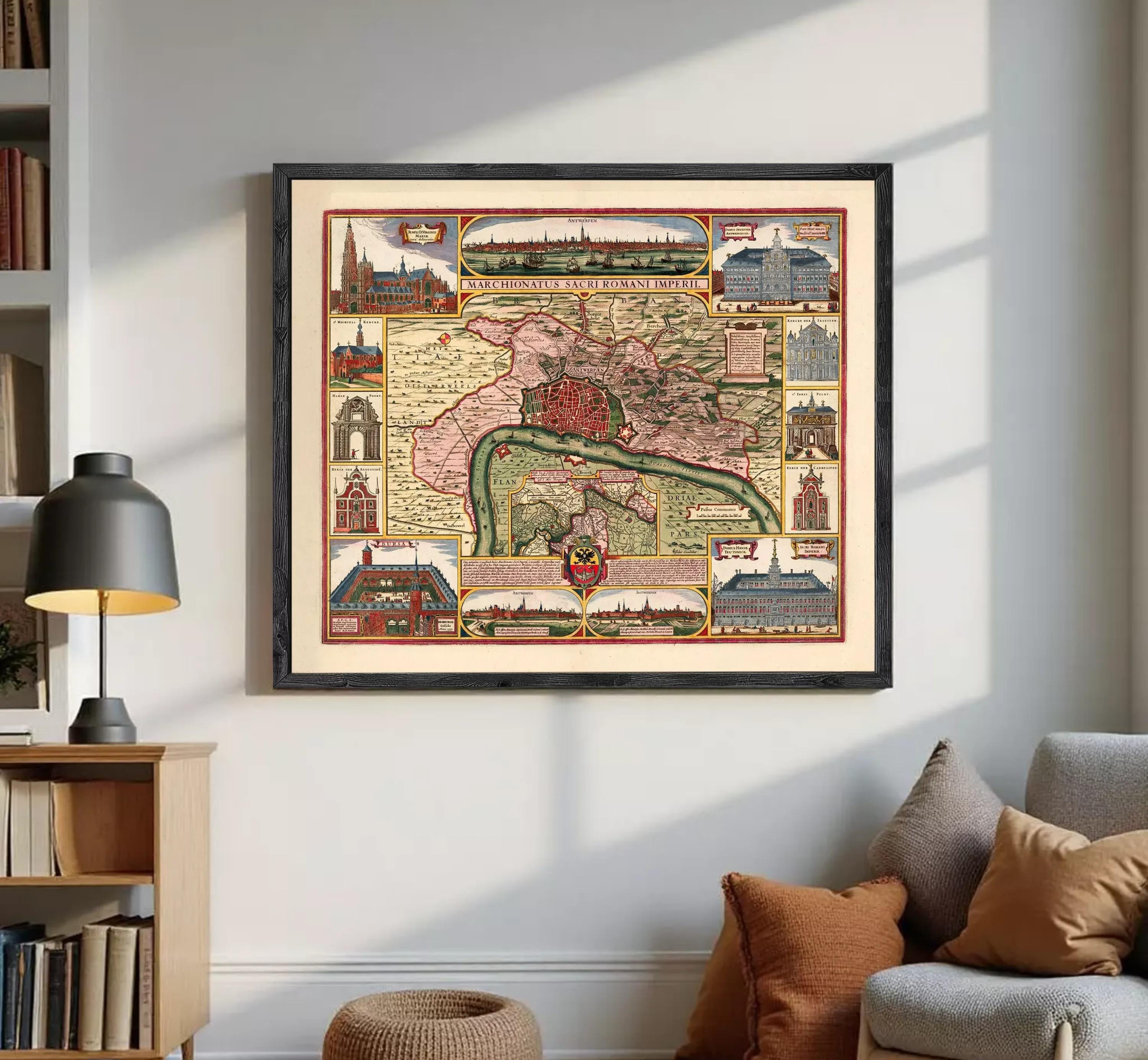 The image is a framed vintage map of the city of Rome, Italy, depicting various landmarks and locations within the city.