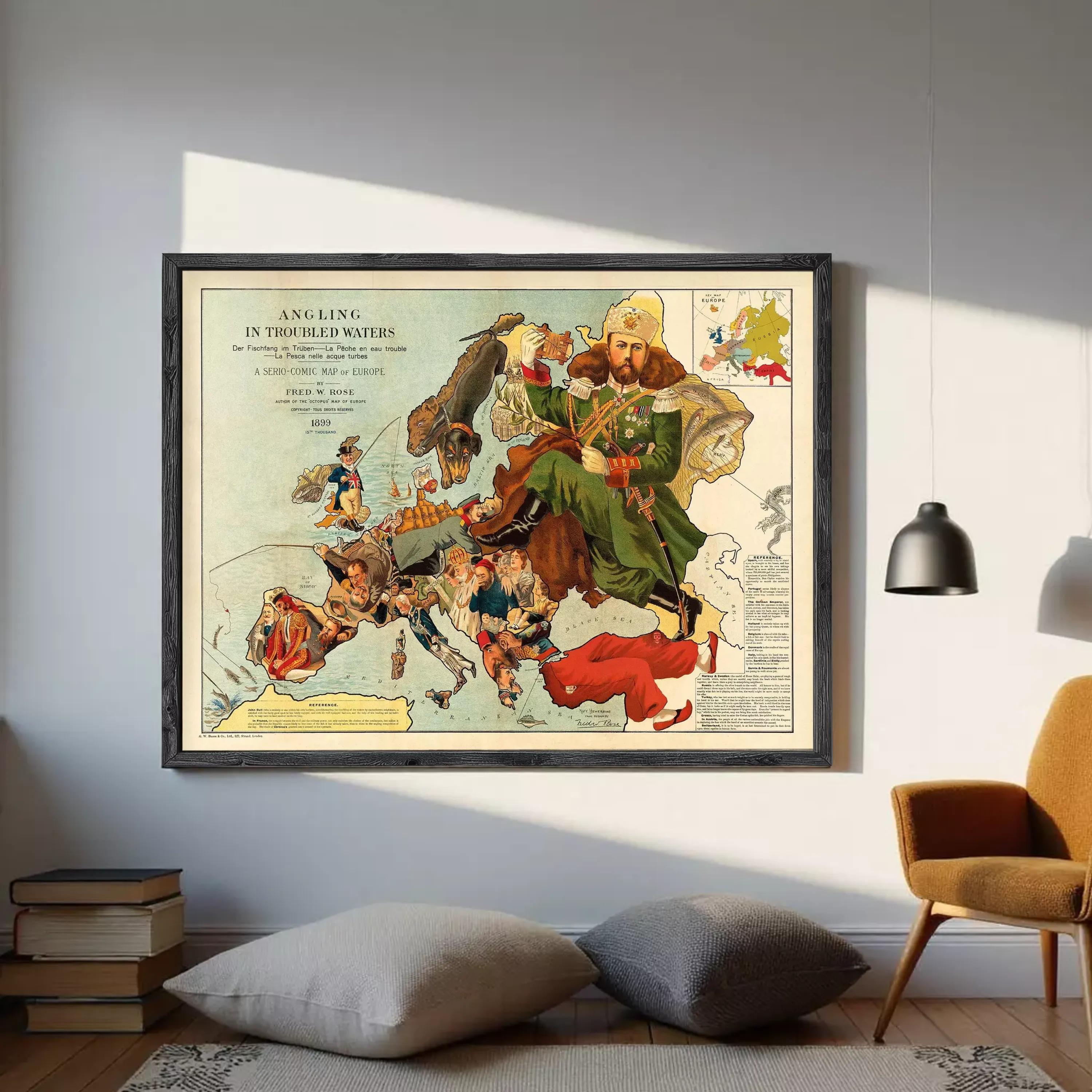 The image is a framed vintage poster depicting a map of Europe with a large figure of a man in a green uniform and hat, surrounded by various other figures, including a map of Europe.