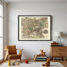 The image is a framed vintage map of a city, depicting a detailed layout of streets, buildings, and other urban features.