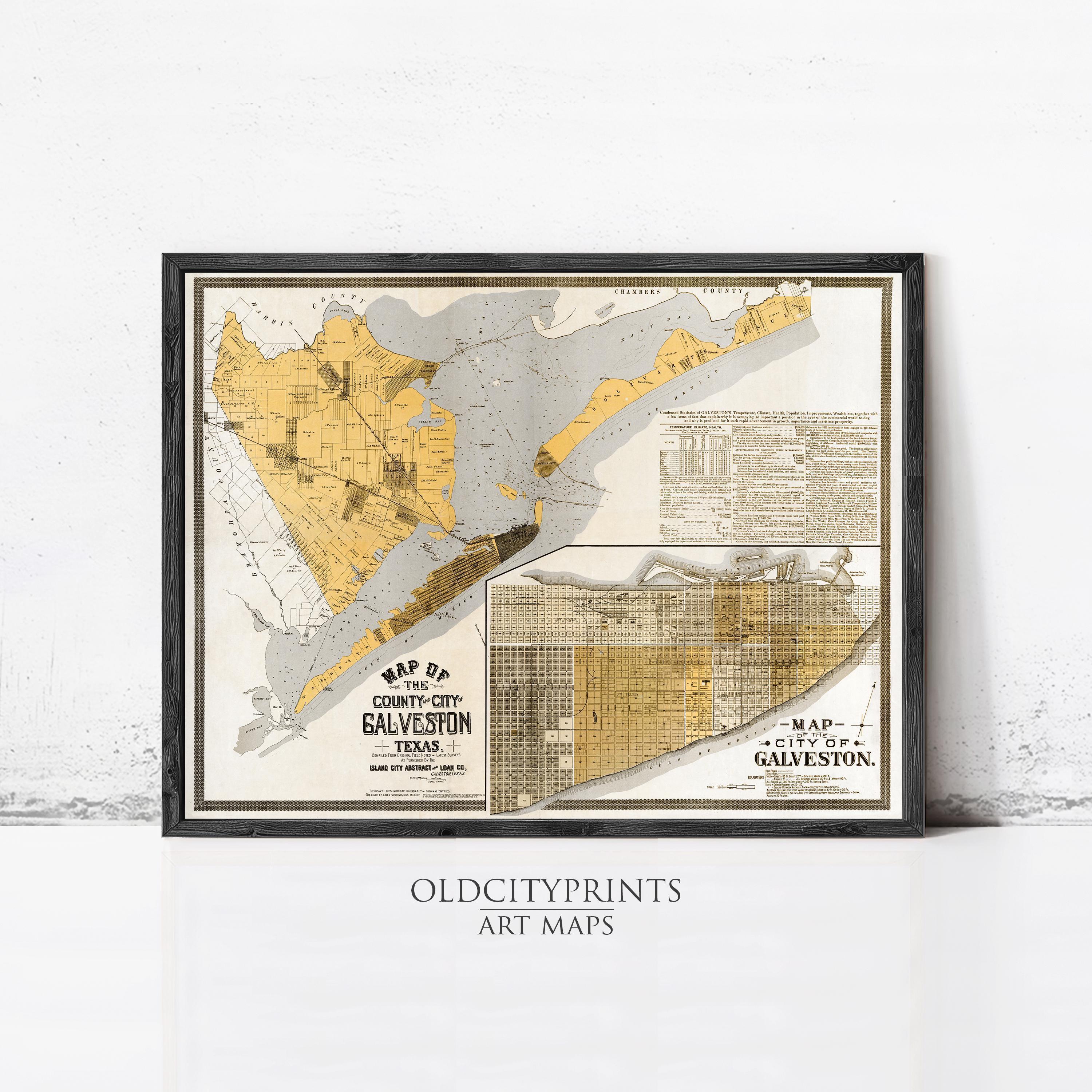 The image is a framed art print depicting a map of Galveston, Texas, with a focus on the city's coastline.