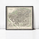 The image is a framed vintage map of Brussels, Belgium, depicting the city's layout and surrounding areas.