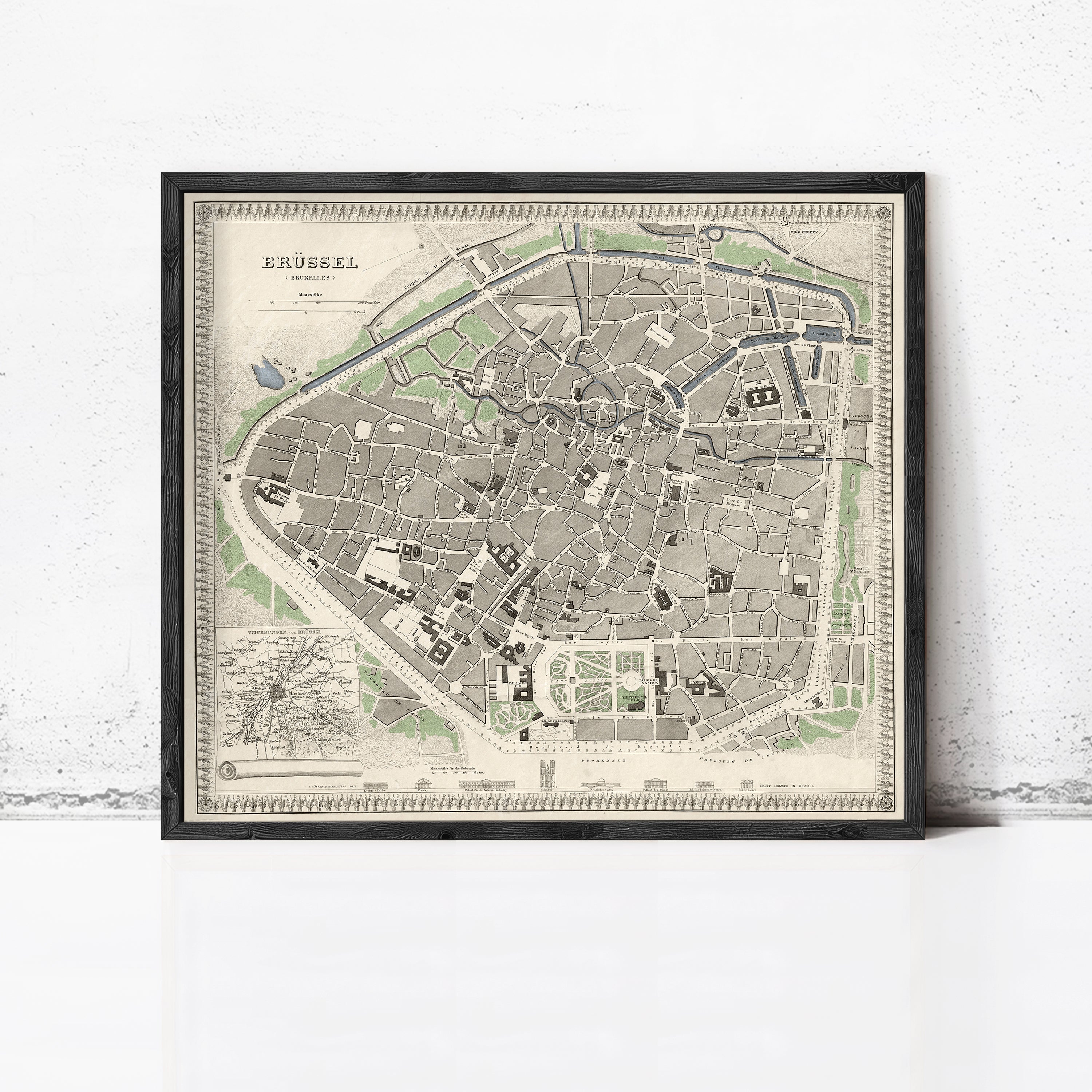 The image is a framed vintage map of Brussels, Belgium, depicting the city's layout and surrounding areas.