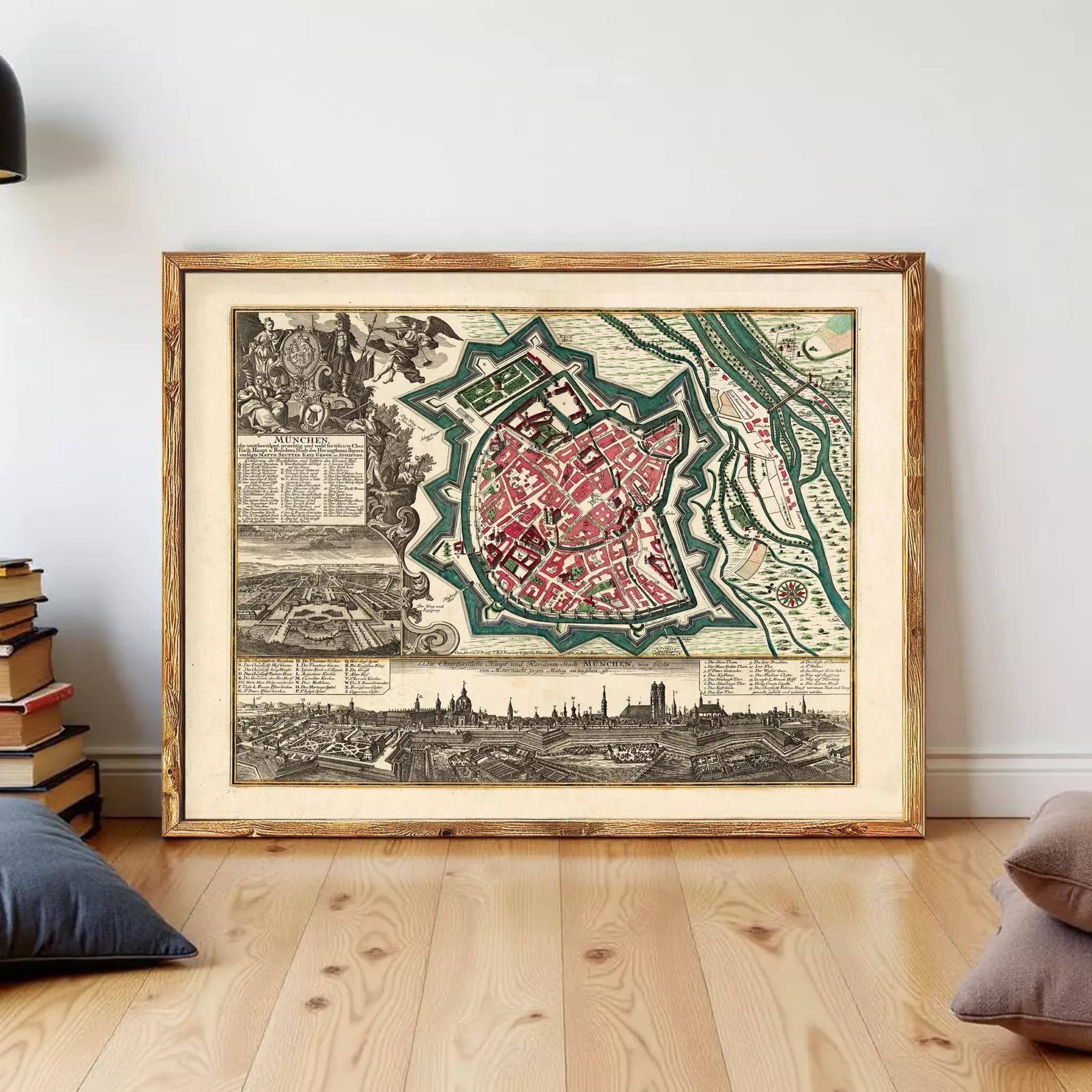 The image is a framed vintage map of a city, depicting a detailed layout of the city's streets, buildings, and surrounding landscape.
