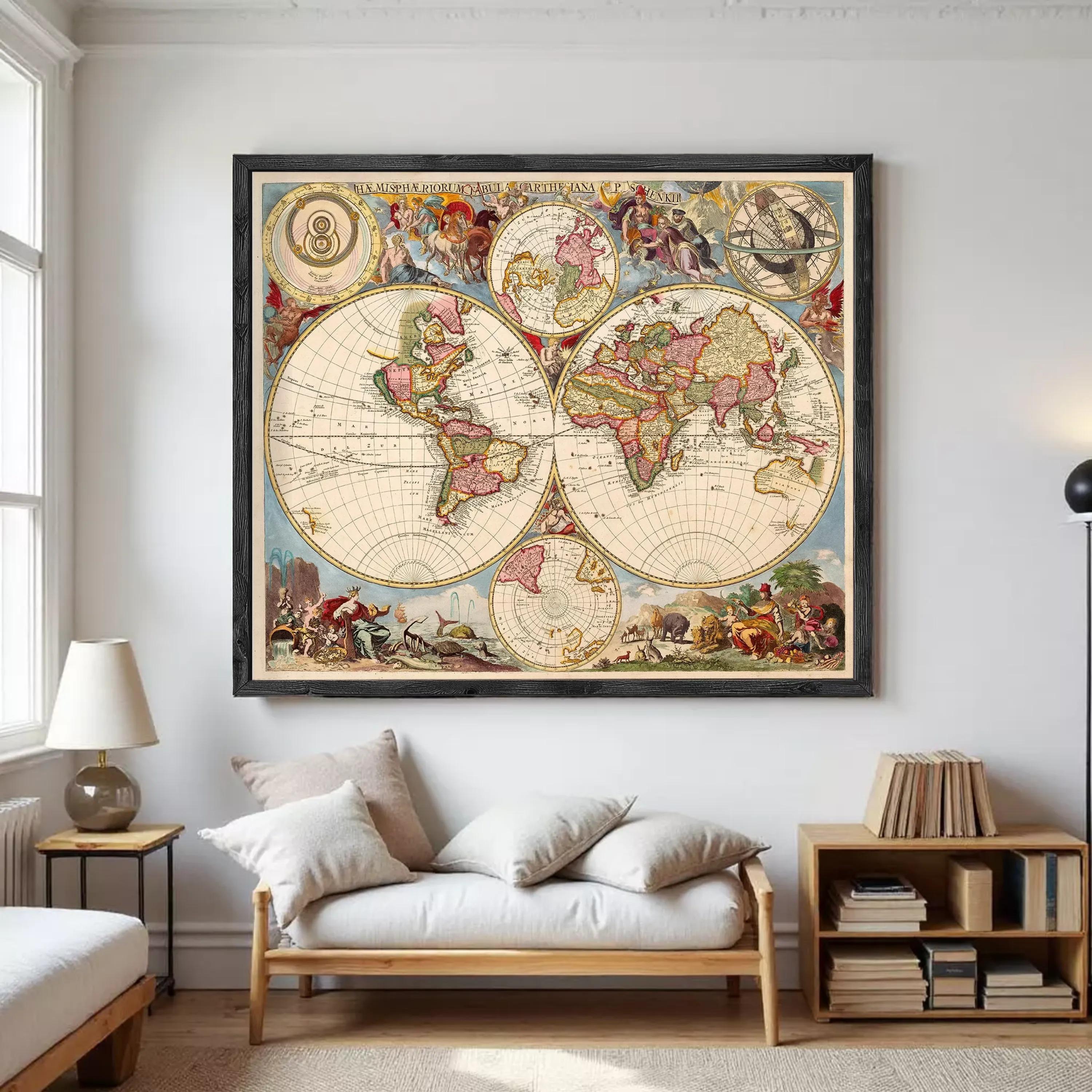 The image is a framed vintage map of the world, featuring intricate illustrations and detailed cartography.