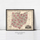 The image is a framed vintage map of Ohio, featuring a detailed and colorful depiction of the state's geography and surrounding areas.