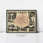 The image is a framed art print depicting a map of Paris, with various landmarks and cityscapes surrounding the central map.