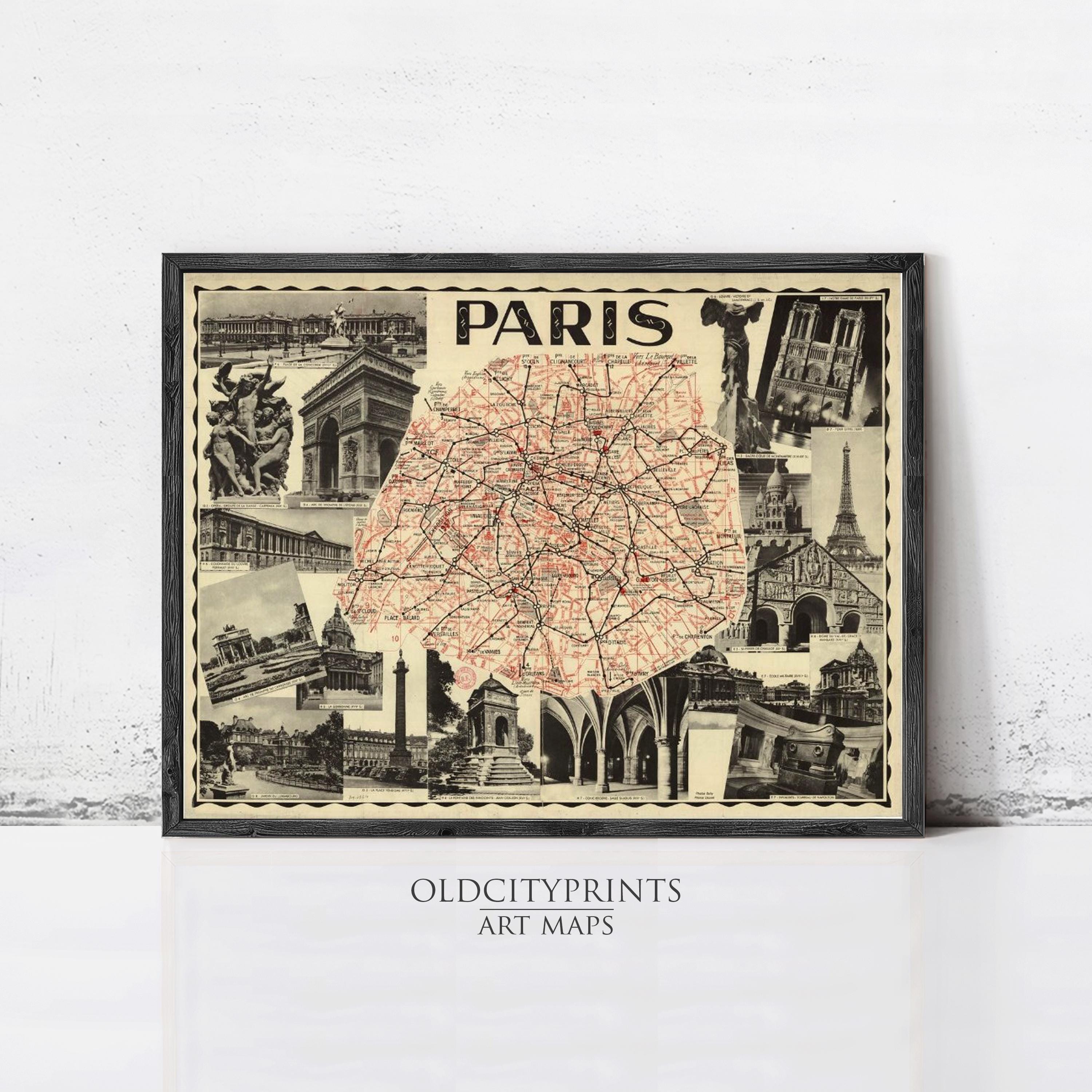 The image is a framed art print depicting a map of Paris, with various landmarks and cityscapes surrounding the central map.
