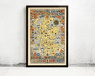 The image is a framed map of Scotland, featuring various symbols and coat of arms from different regions and countries.