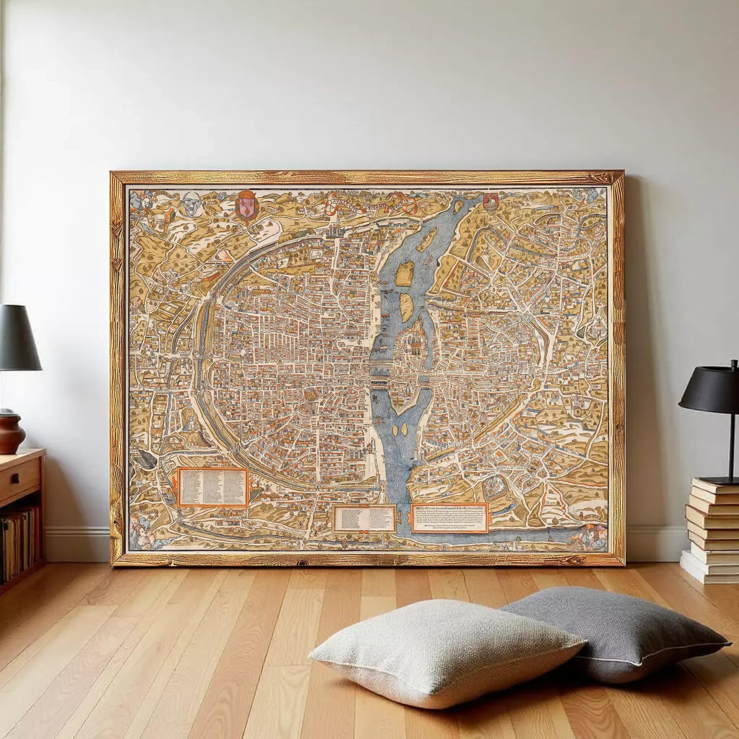 a large, ornate map of a city displayed on a wall in a room.