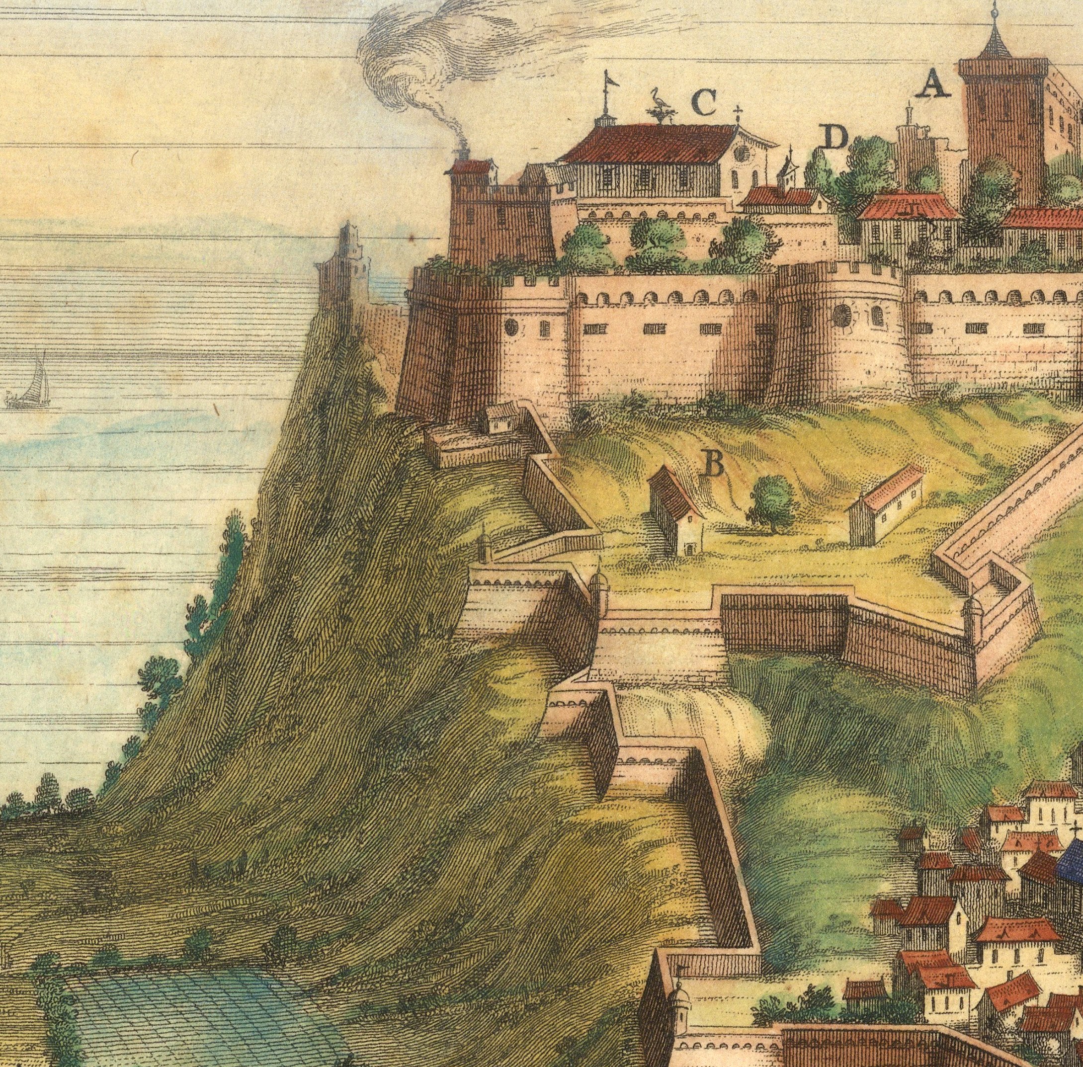 The image is a detailed illustration of a castle situated on a hill, overlooking a city. The castle is surrounded by walls and towers, and the city is located below the castle. The image is a collage of multiple images, and it does not contain any redundancy or vague descriptions.