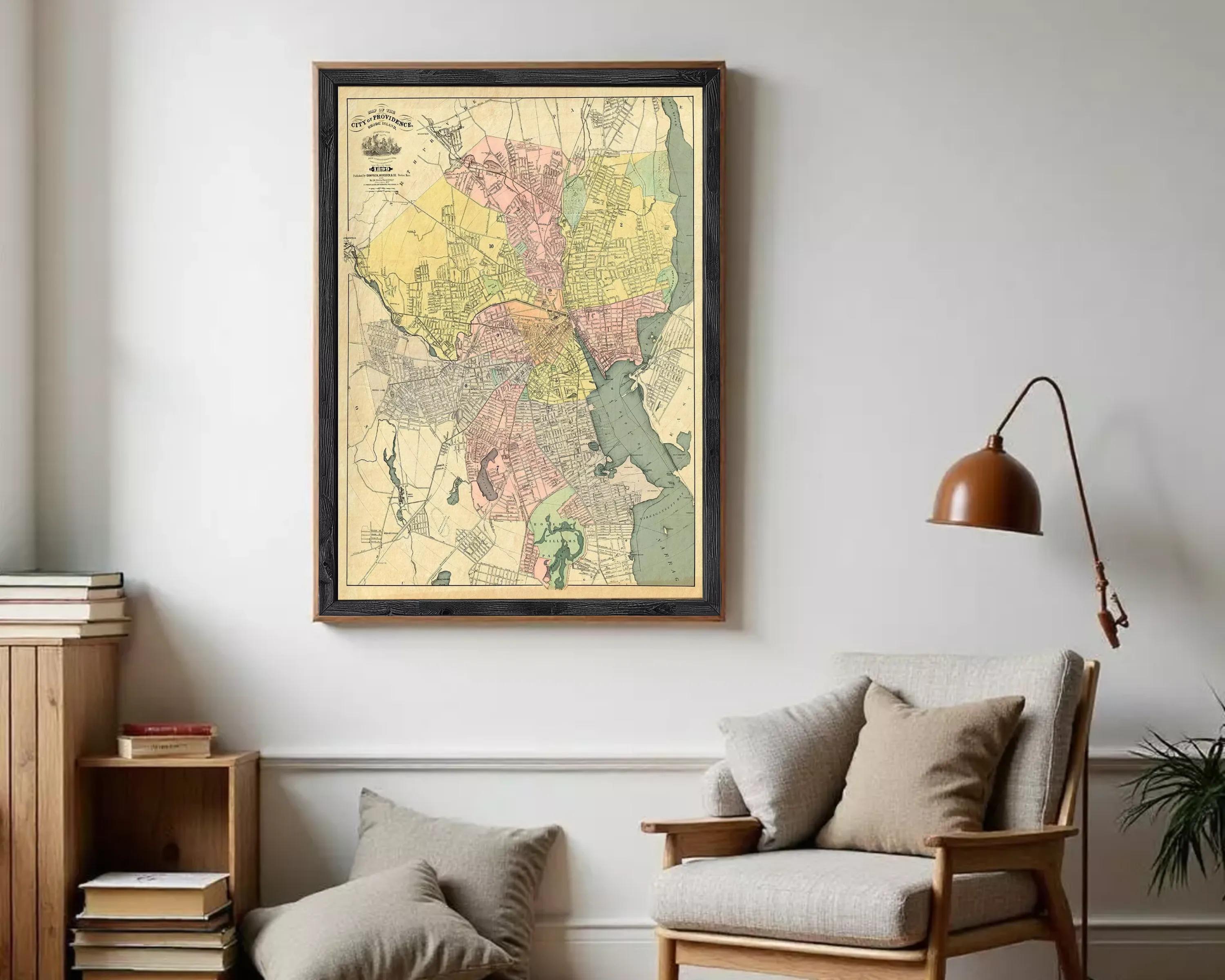 The image is a framed vintage map of a city, likely from the 19th century, depicting the layout and geographical features of the area.