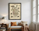 The image is a framed vintage map of Scotland, featuring detailed illustrations and labels.