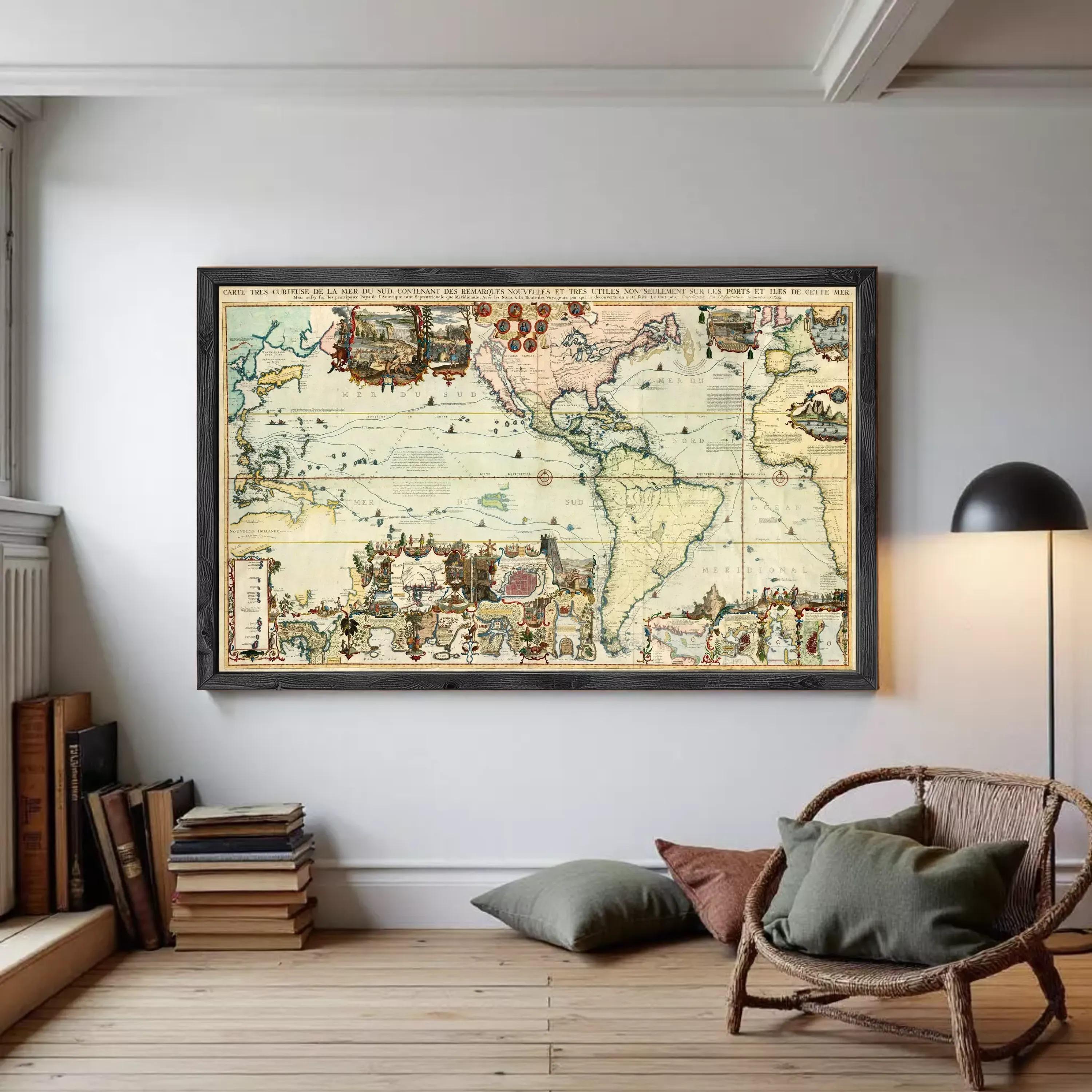 The image is a framed vintage map of the world, depicting various countries and regions with intricate details and illustrations.