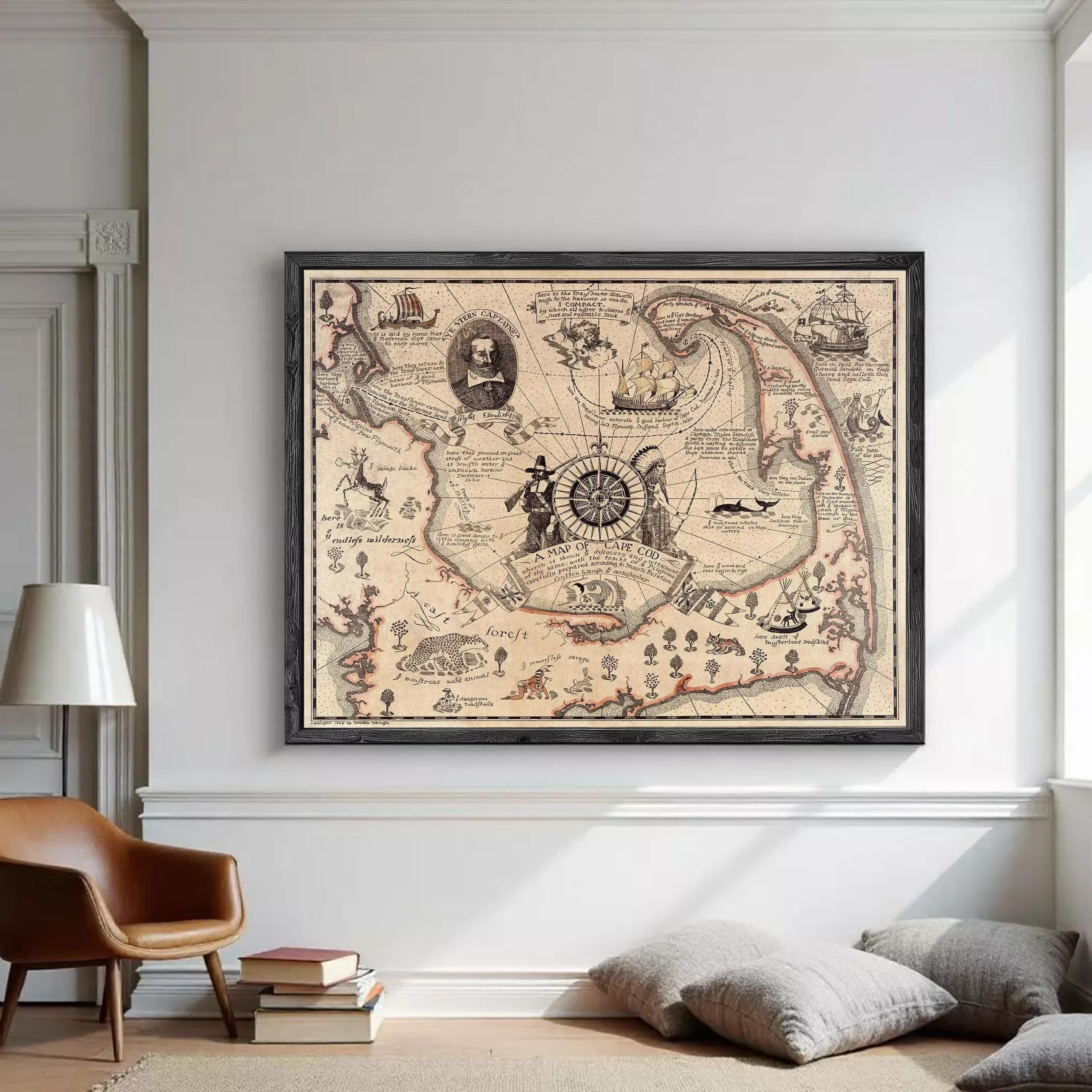 The image is a framed vintage map of the Cape Cod region, featuring various landmarks and geographical features.