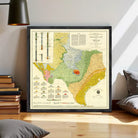 The image is a framed geological map of Texas, showing the state's geological features and topography.
