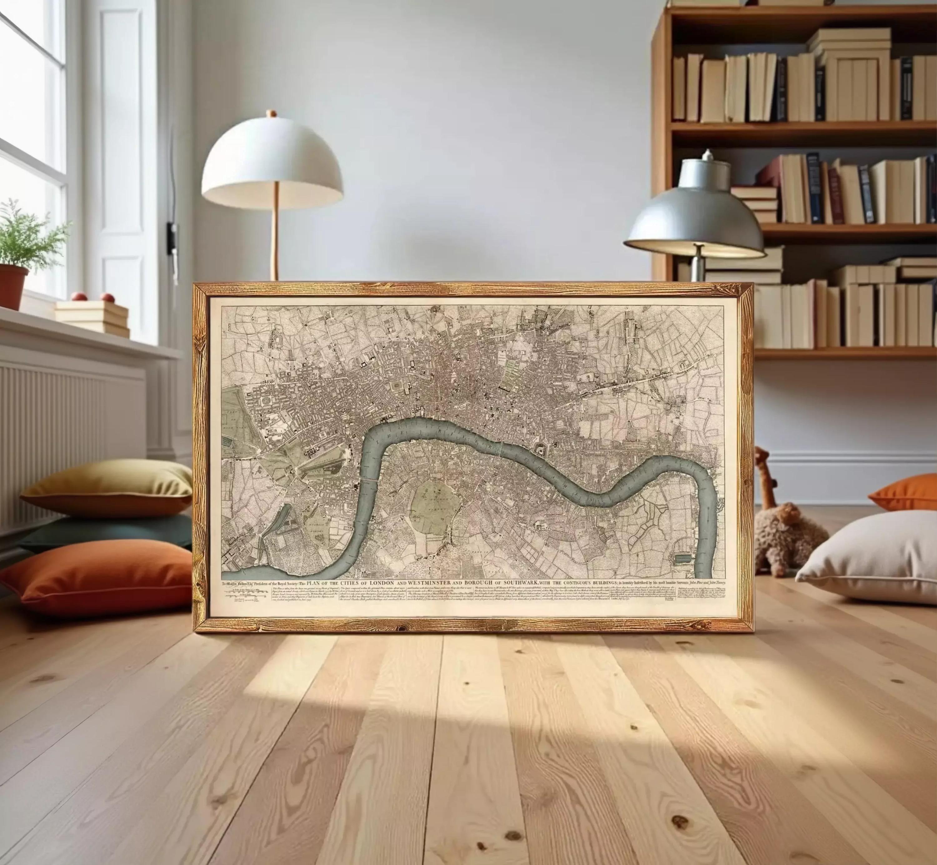 A framed map of London is displayed on a wooden floor in a room with bookshelves and lamps.