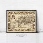 The image is a framed antique world map from the 16th century, featuring intricate illustrations and detailed cartography.
