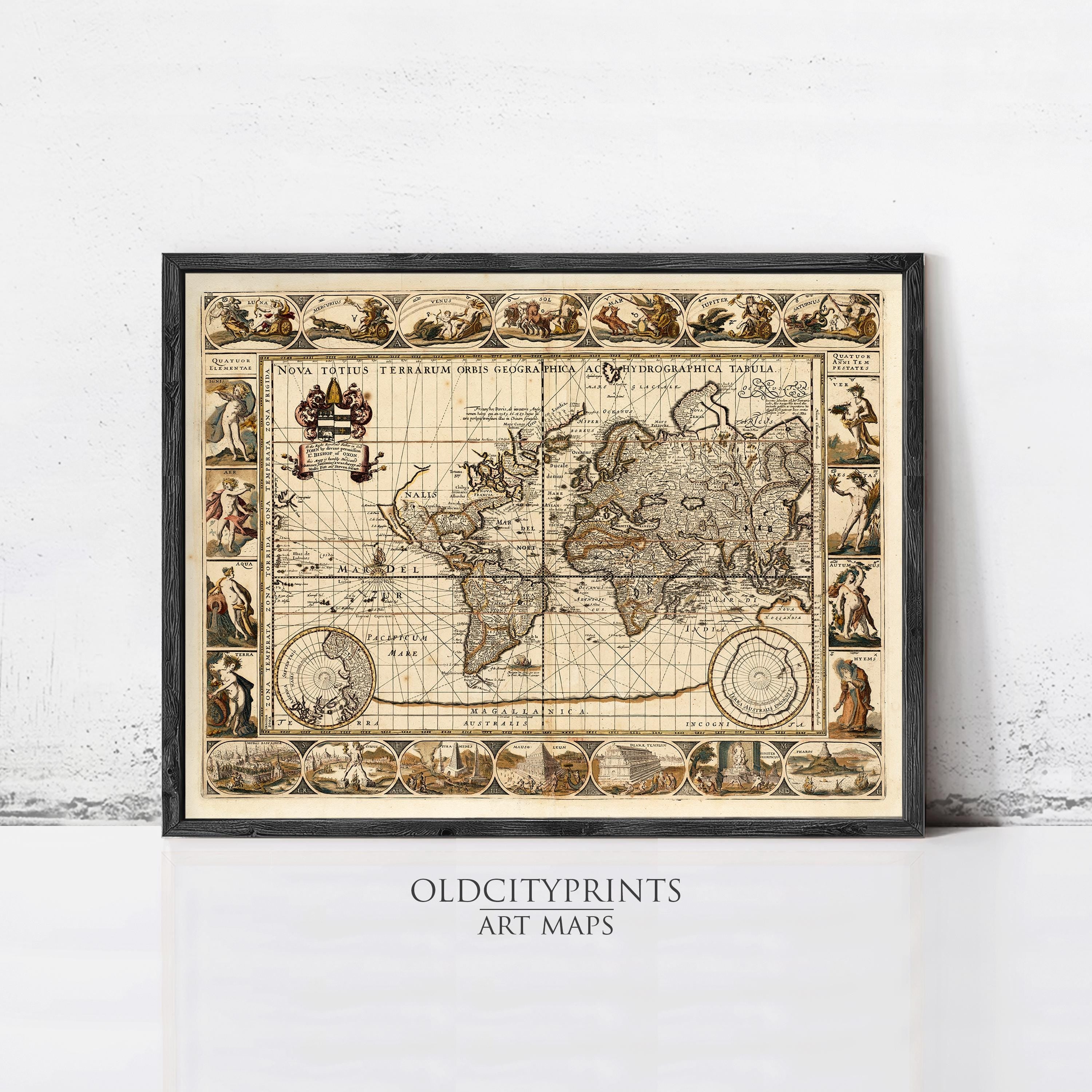 The image is a framed antique world map from the 16th century, featuring intricate illustrations and detailed cartography.