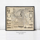 The image is a framed antique map of a city, depicting various landmarks and buildings.