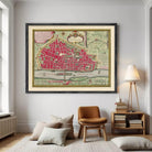 The image is a framed vintage map of the city of Paris, France, depicting the city's layout and surrounding areas.
