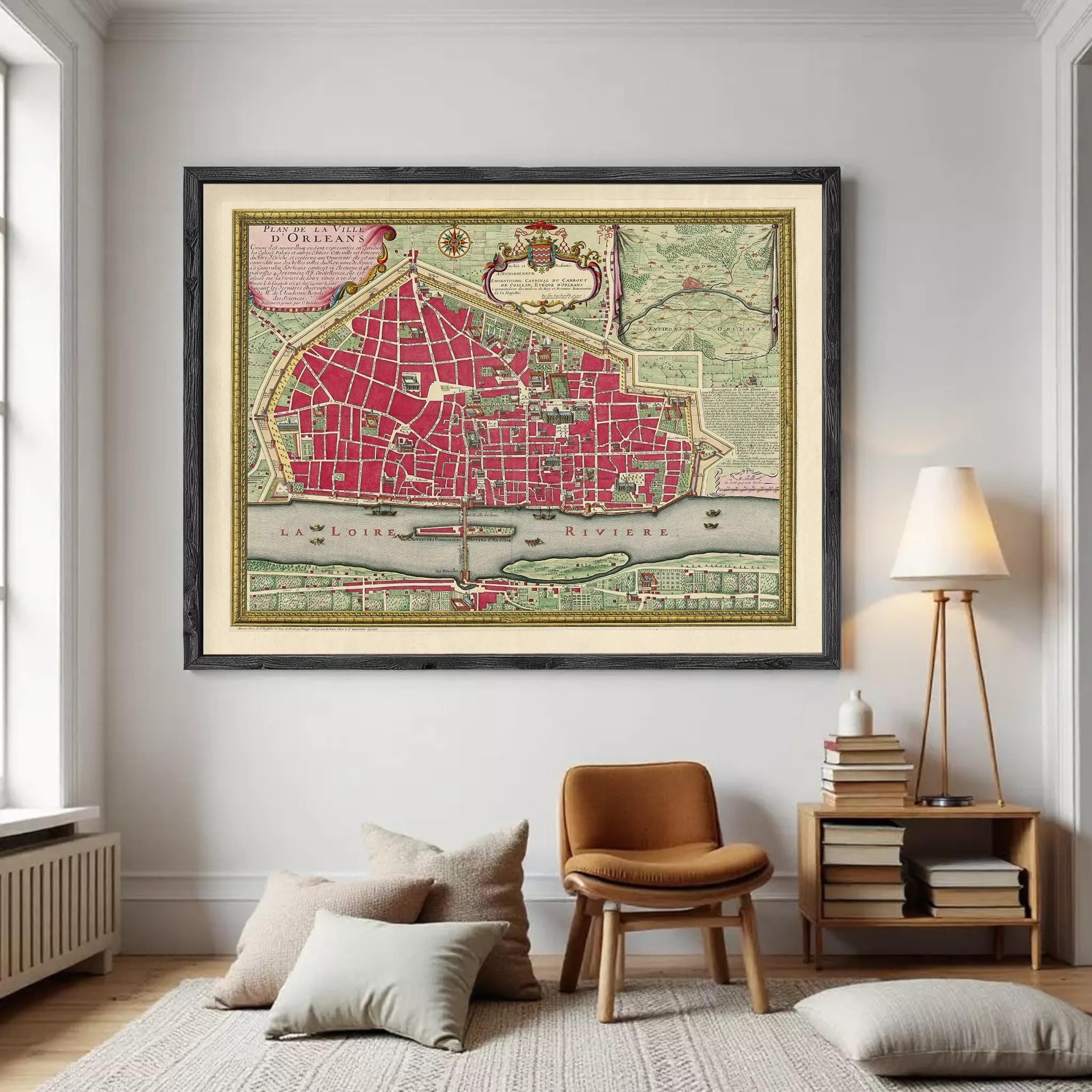 The image is a framed vintage map of the city of Paris, France, depicting the city's layout and surrounding areas.