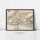 The image is a framed vintage map of Rouen, France, depicting the city's layout and surrounding areas.