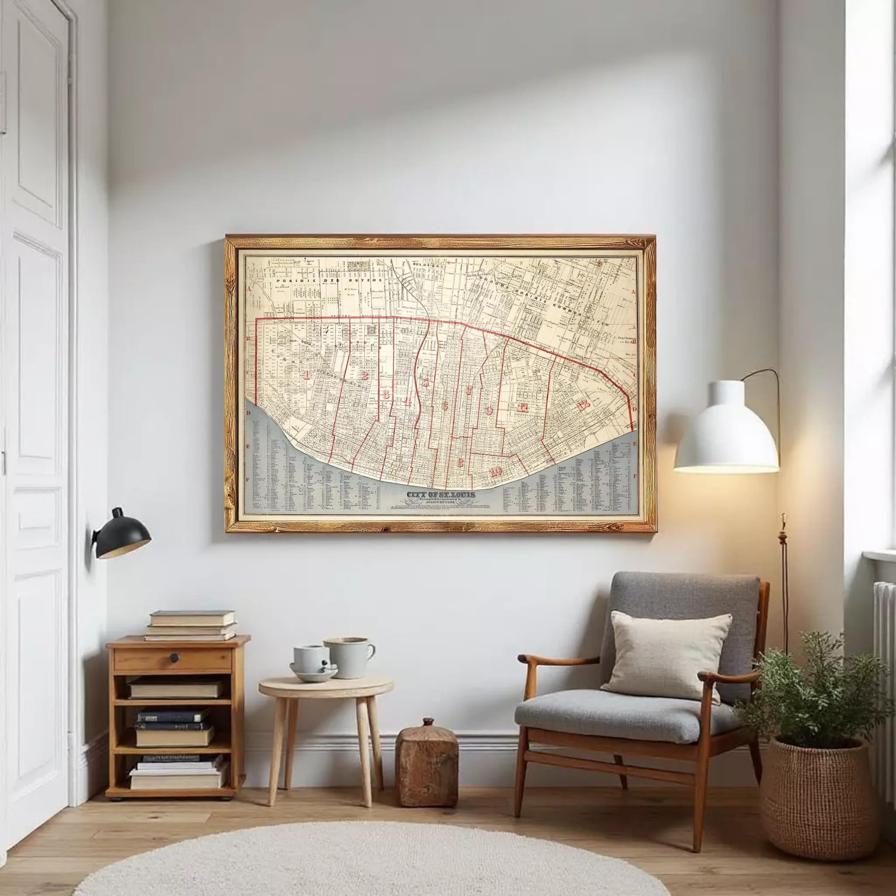 The image is a framed vintage map of a city, likely New Orleans, with a detailed layout and street names.