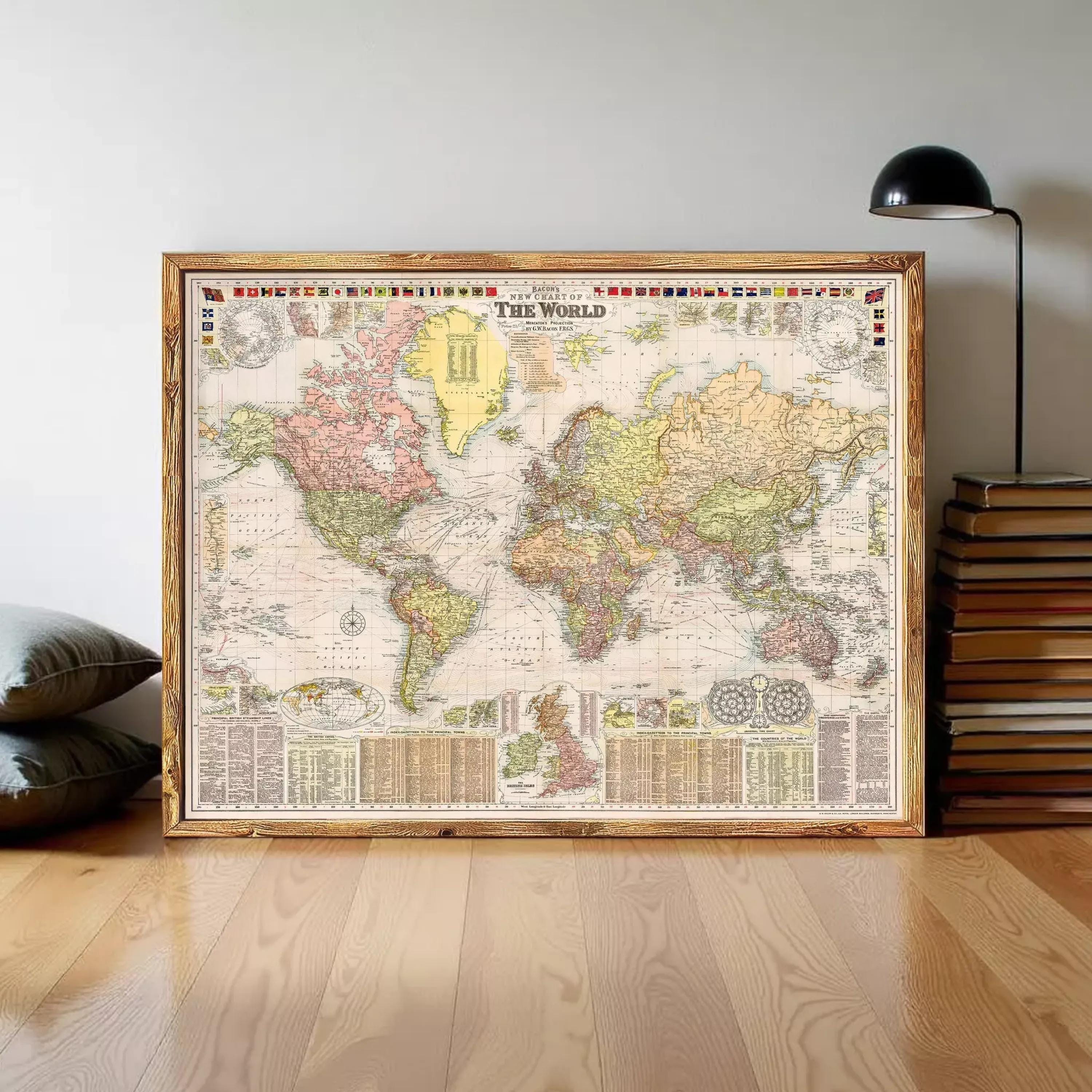 The image is a framed vintage world map with colorful borders and detailed labels.