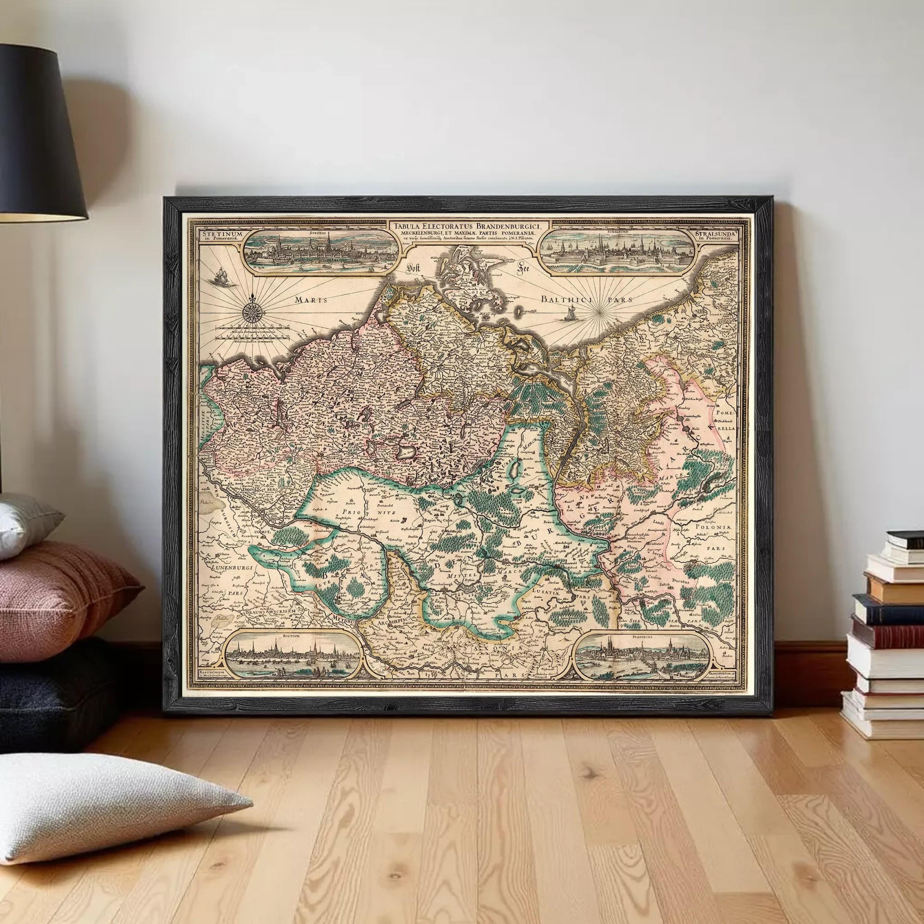 The image is a framed vintage map of Europe, depicting various countries and regions with intricate details and labels.
