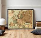The image is a framed vintage map of Europe, depicting the continent and surrounding seas.