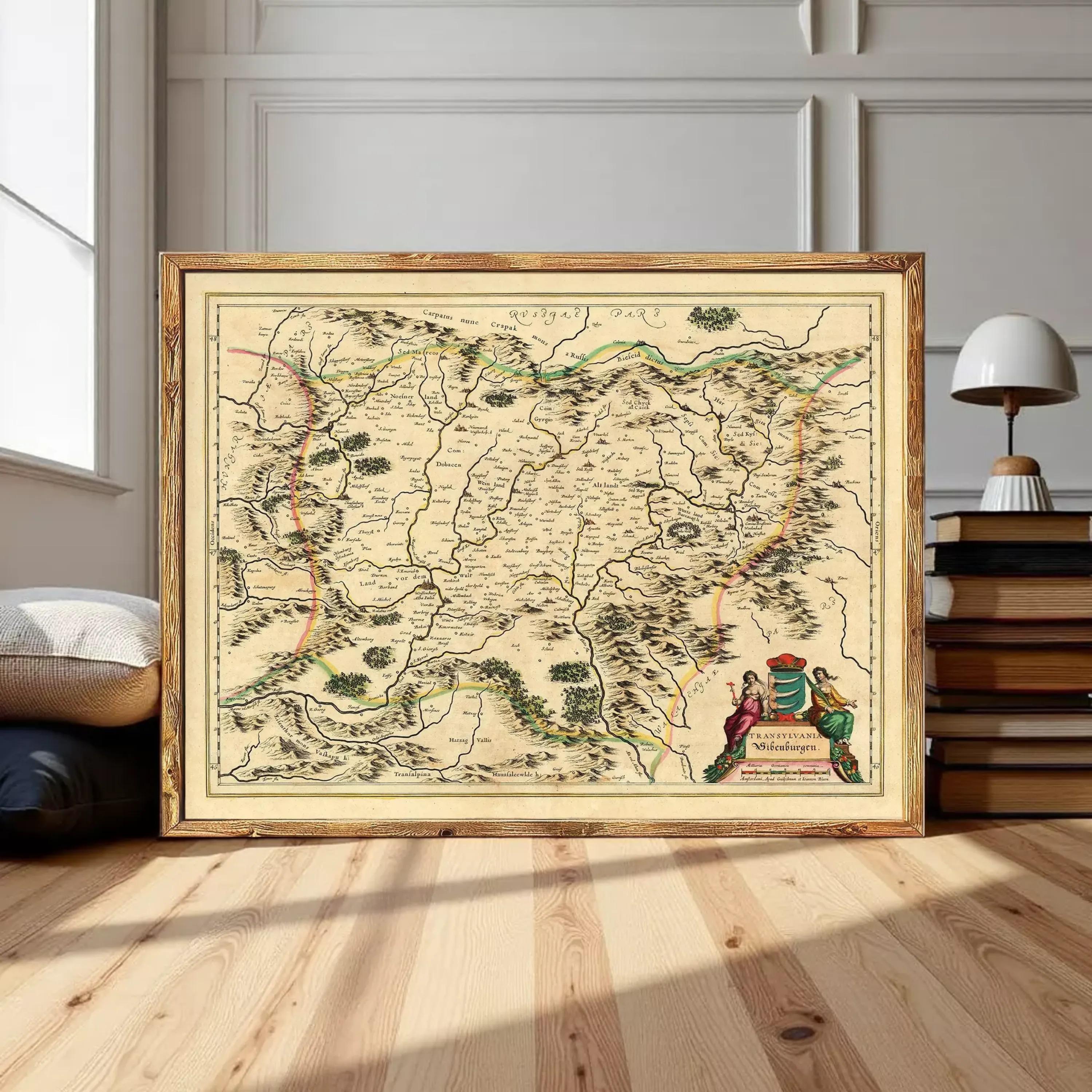 The image is a framed antique map of a region, likely from the 16th century, with detailed cartography and illustrations.