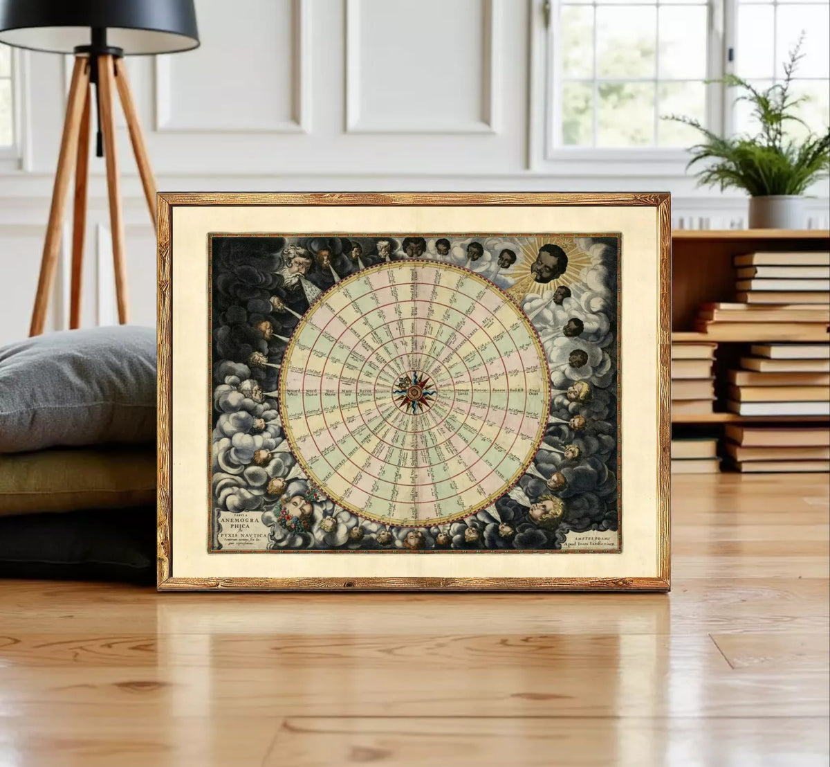 The image is a framed vintage map depicting a wheel with various celestial bodies and symbols surrounding it.