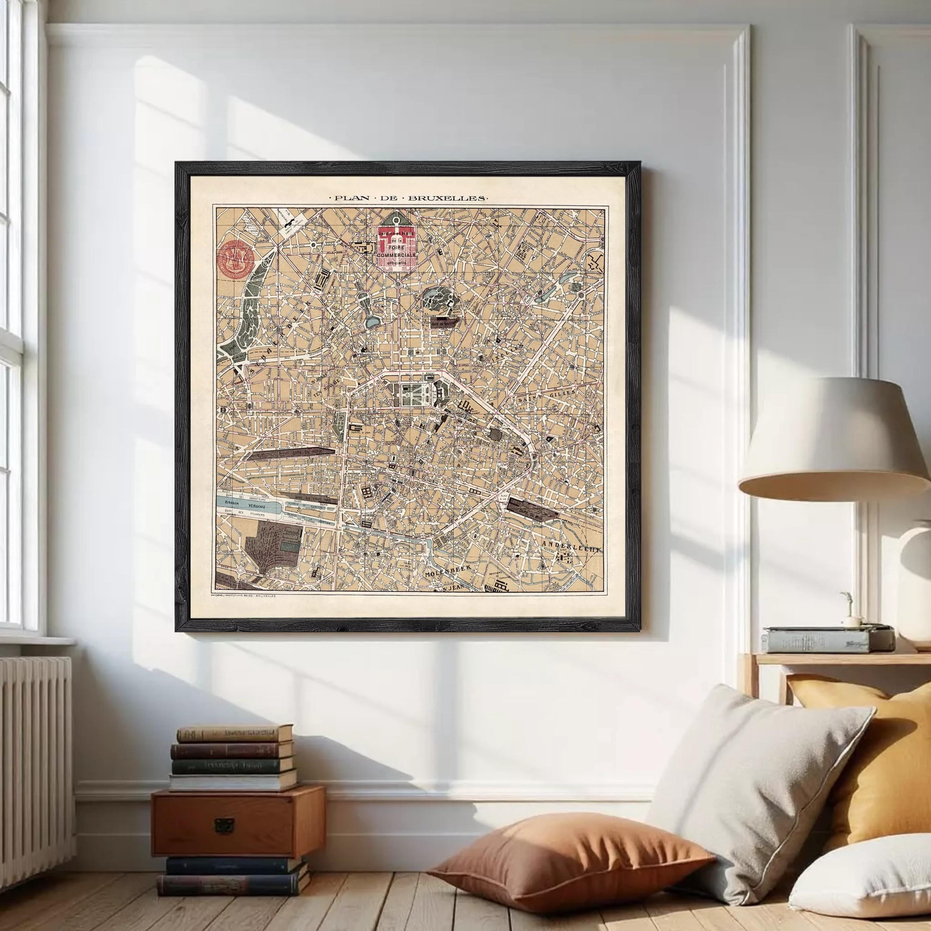 The image is a framed vintage map of Brussels, Belgium, depicting the city's streets and landmarks.