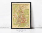 The image is a framed vintage map of a city, likely from the 19th century, with various landmarks and streets depicted.