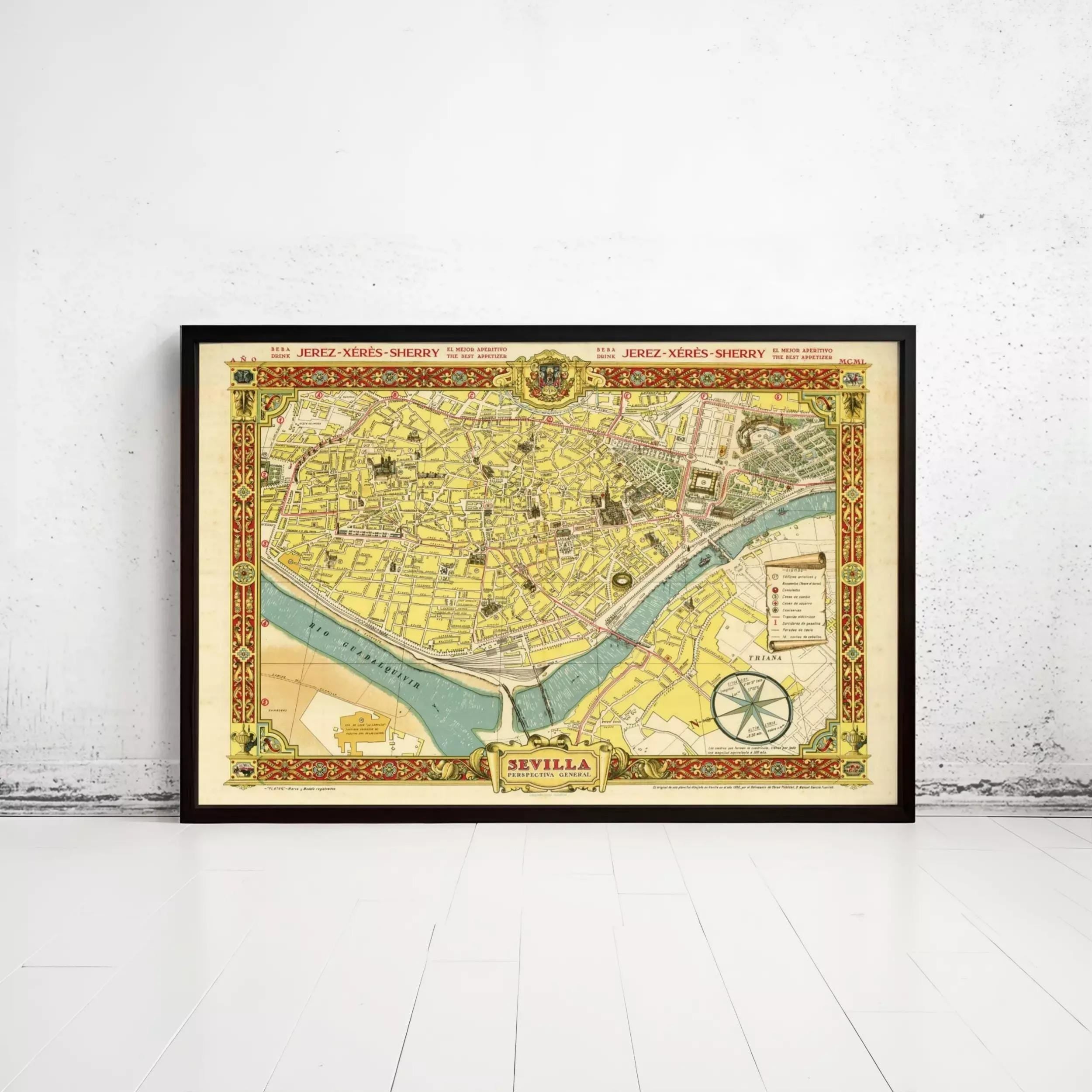 The image is a framed vintage map of the city of Seville, Spain, depicting the city's layout and surrounding areas.