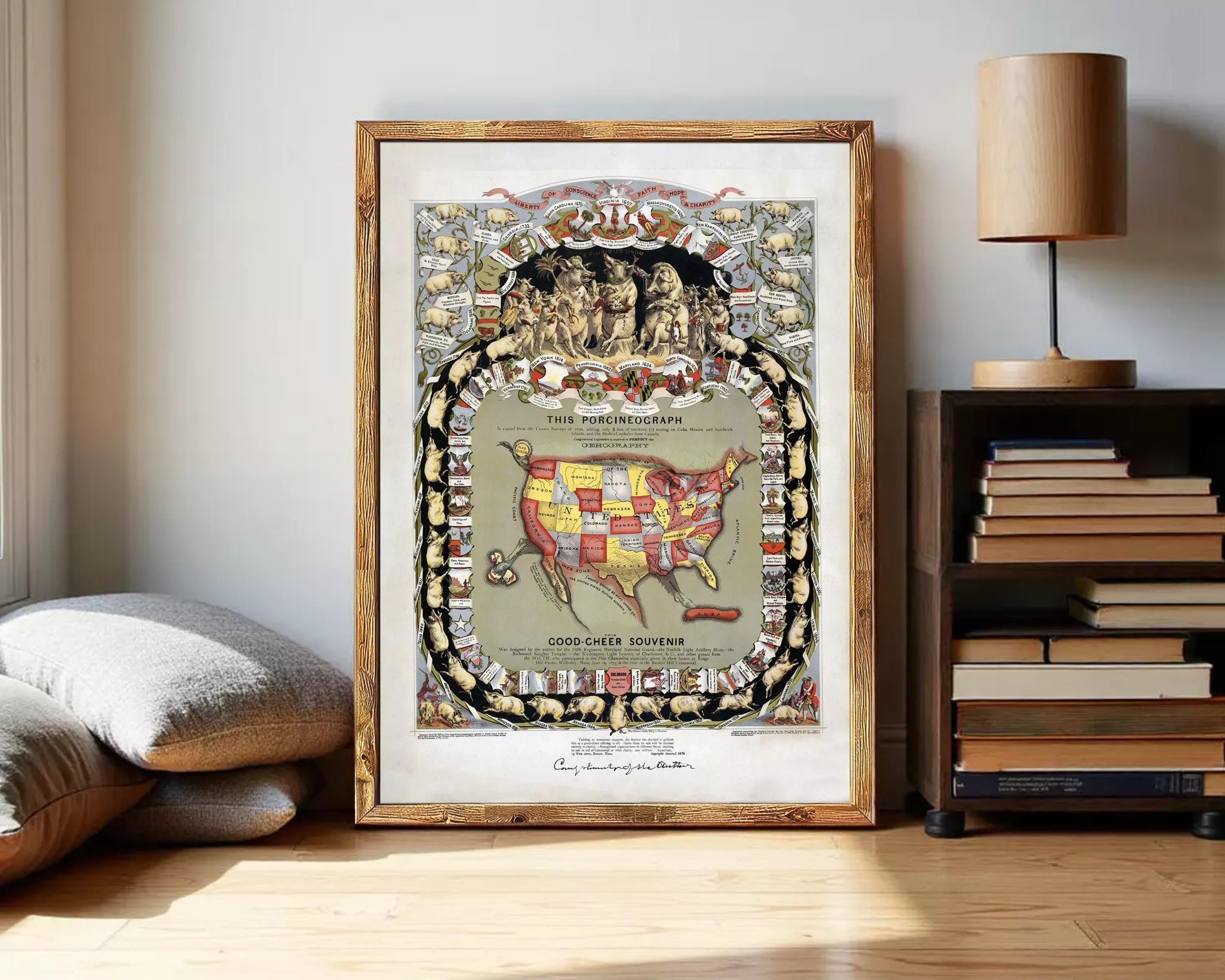 The image is a framed vintage map of the United States, depicting a detailed and colorful illustration of the country.