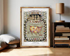 The image is a framed vintage map of the United States, depicting a detailed and colorful illustration of the country.